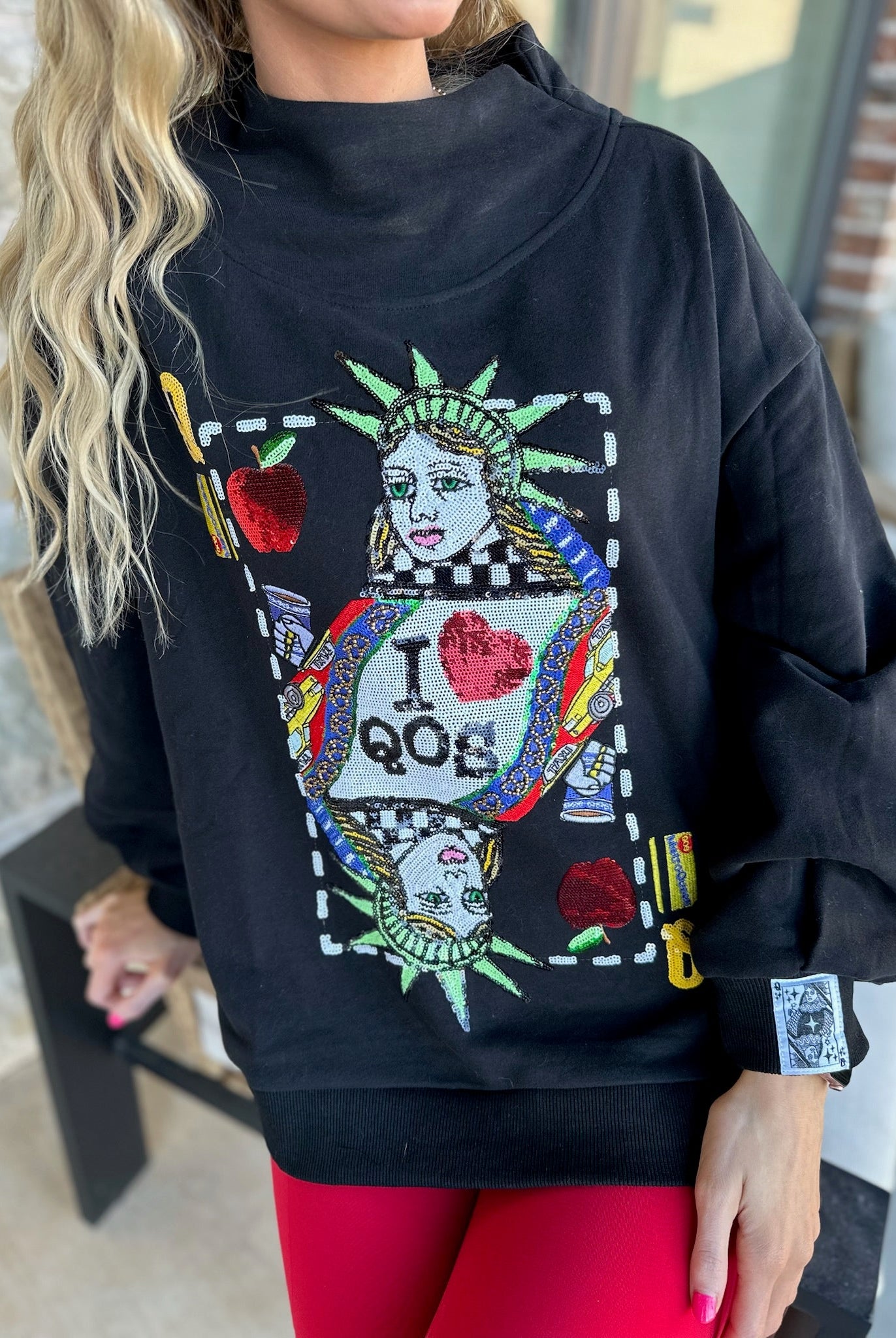QUEEN OF SPARKLES BLACK NYC QUEEN CARD MOCK NECK SWEATSHIRT - Tops