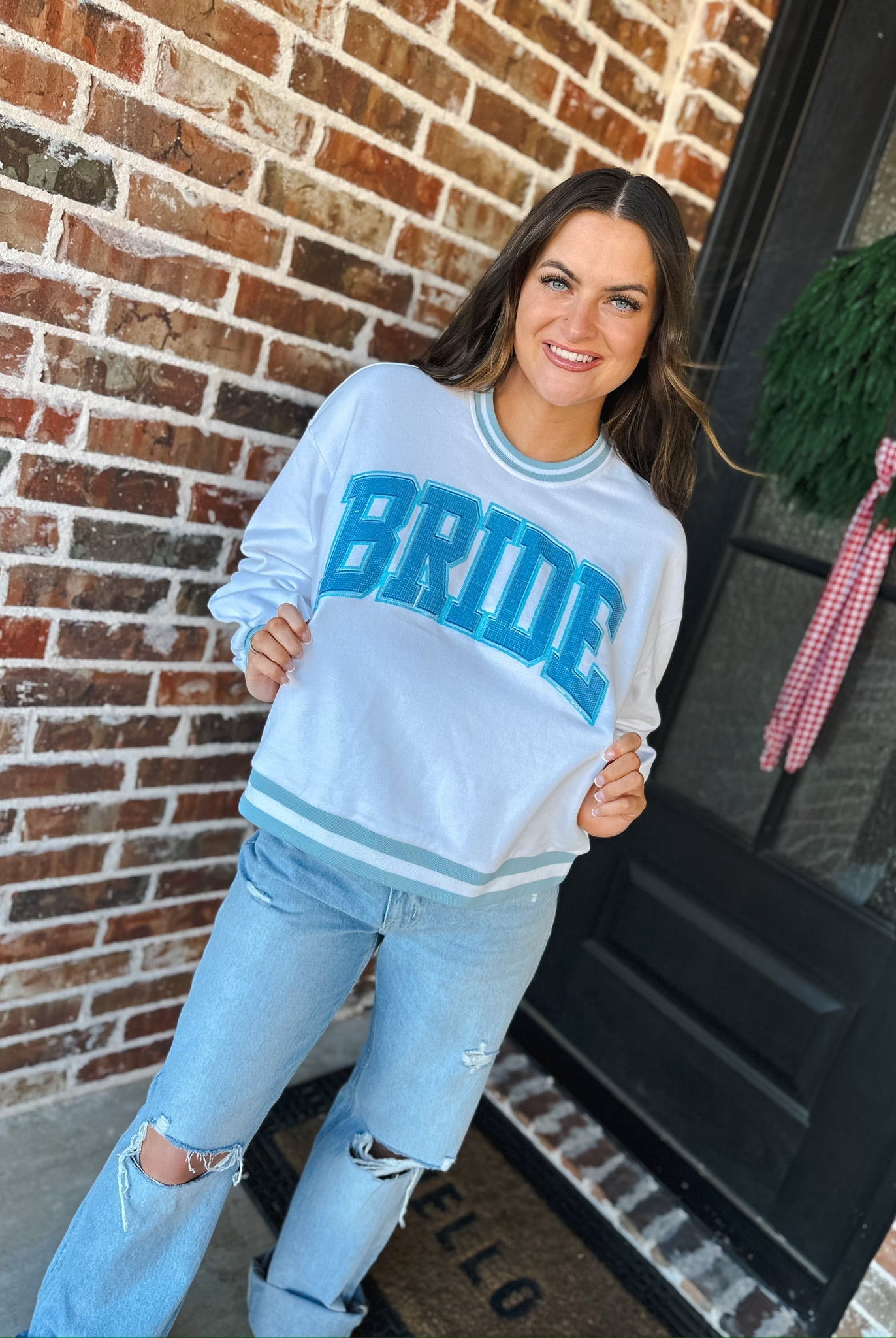 QUEEN OF SPARKLES WHITE AND BLUE RHINESTONE BRIDE SWEATSHIRT - Tops