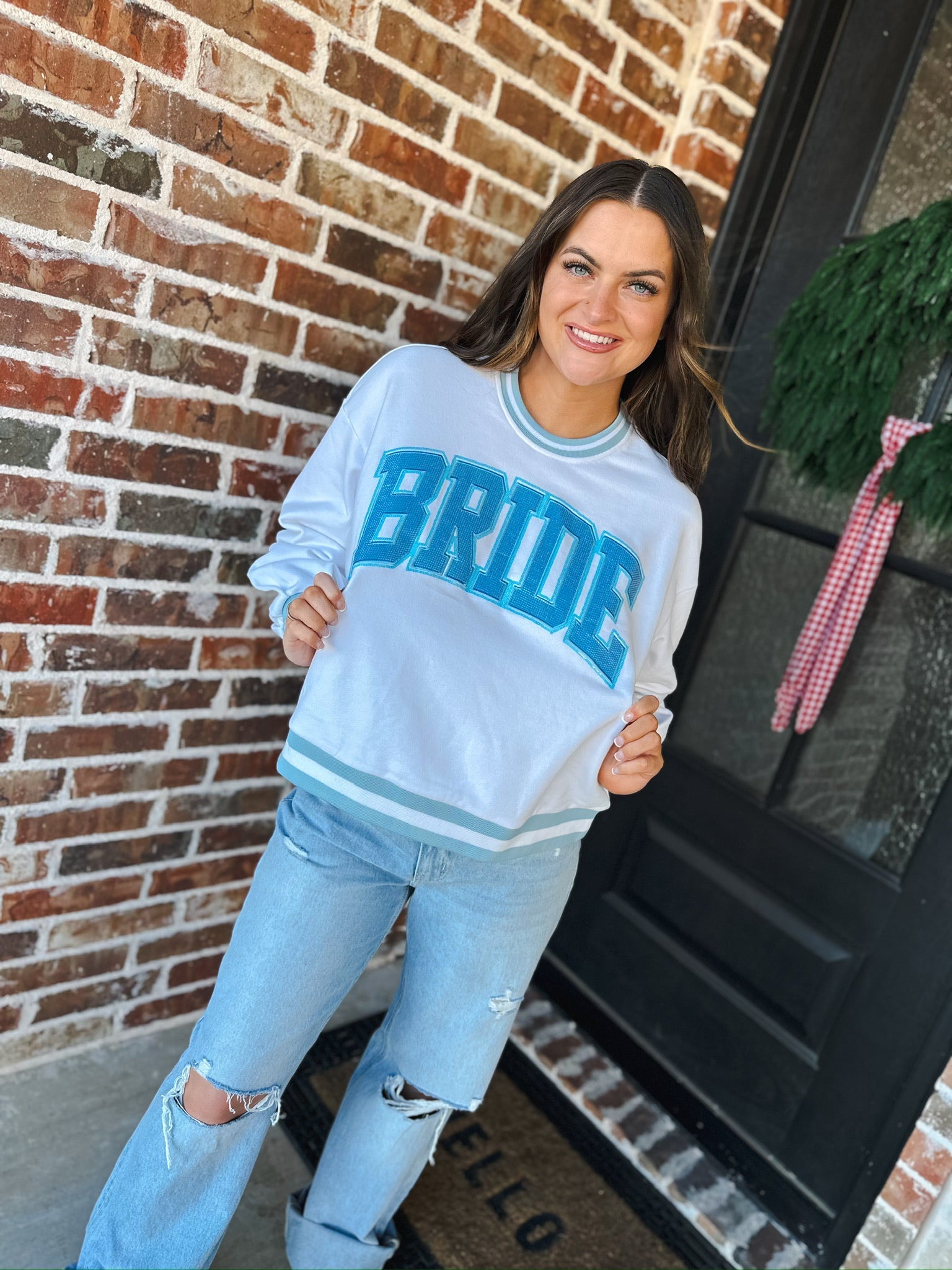 QUEEN OF SPARKLES WHITE AND BLUE RHINESTONE BRIDE SWEATSHIRT - Tops