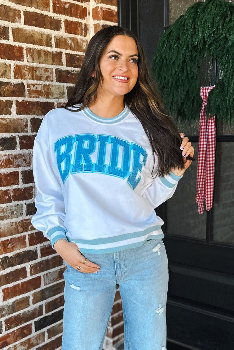 QUEEN OF SPARKLES WHITE AND BLUE RHINESTONE BRIDE SWEATSHIRT - Tops