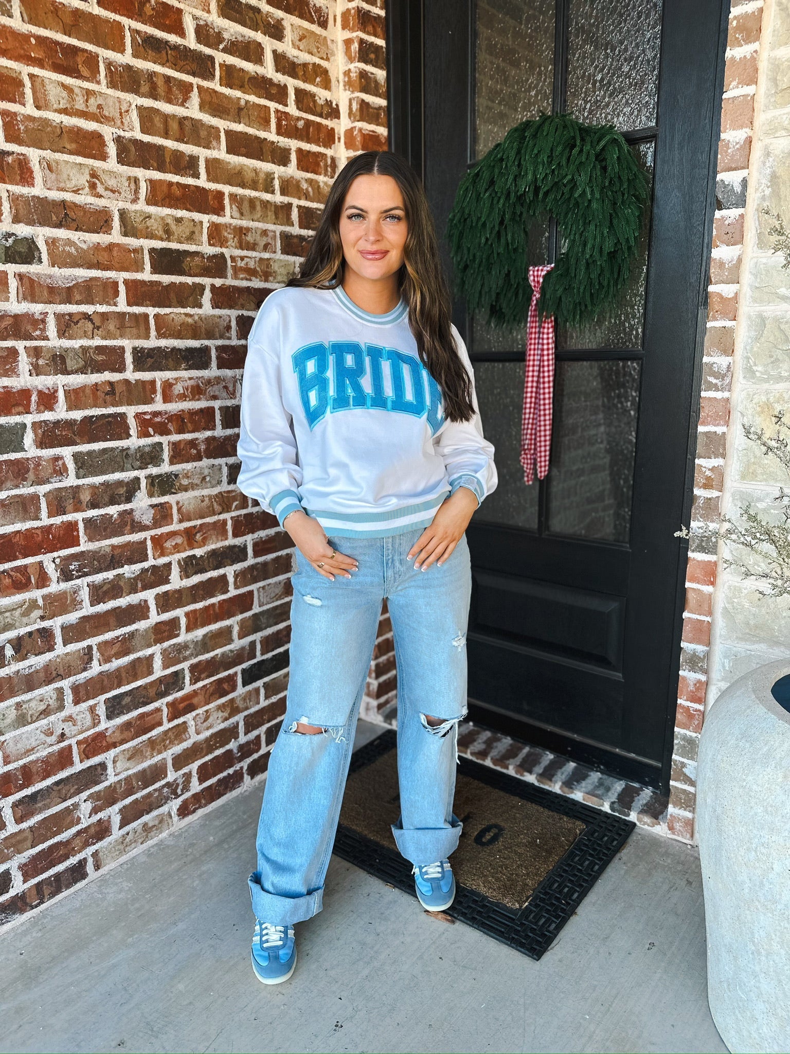 QUEEN OF SPARKLES WHITE AND BLUE RHINESTONE BRIDE SWEATSHIRT - Tops