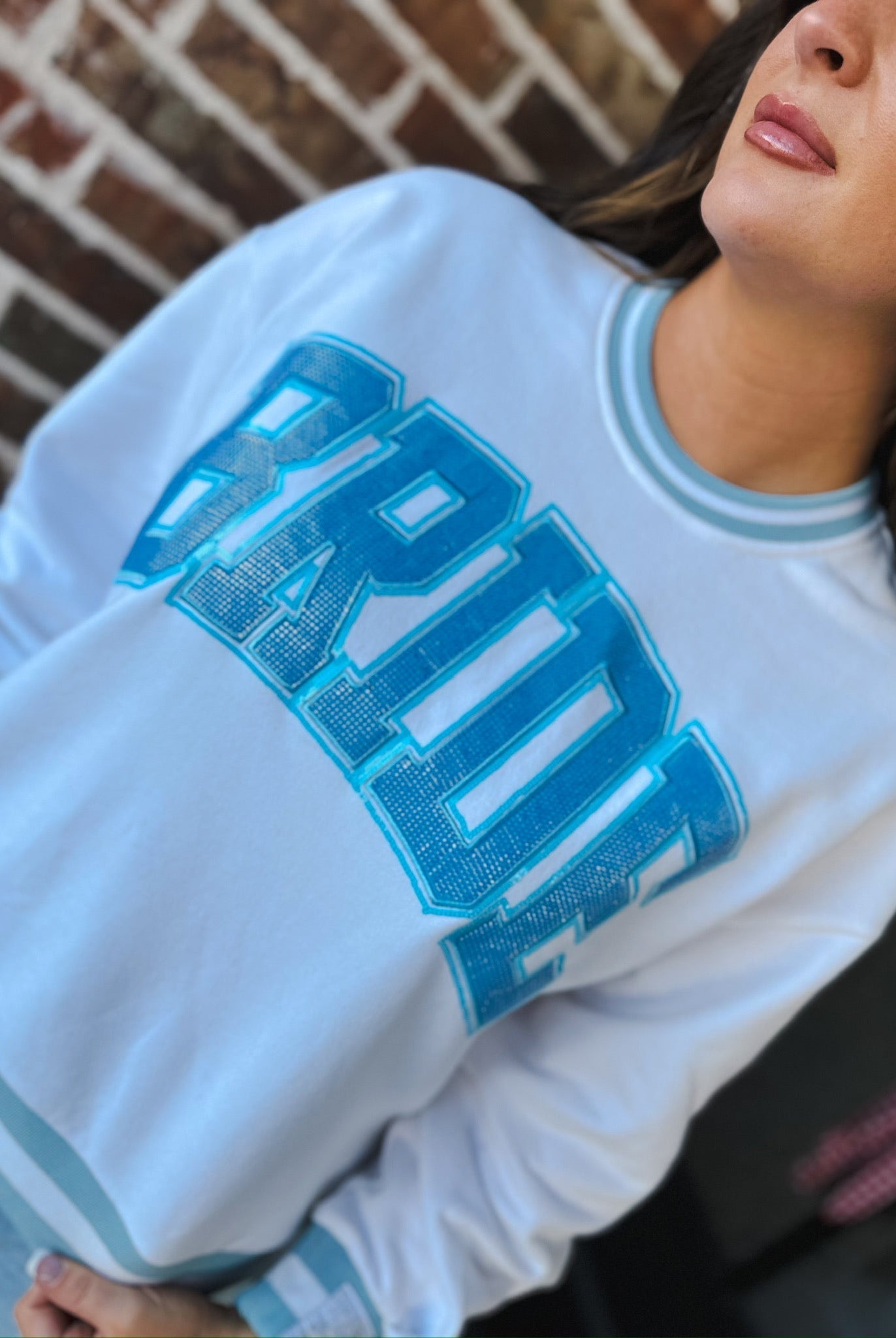 QUEEN OF SPARKLES WHITE AND BLUE RHINESTONE BRIDE SWEATSHIRT - Tops