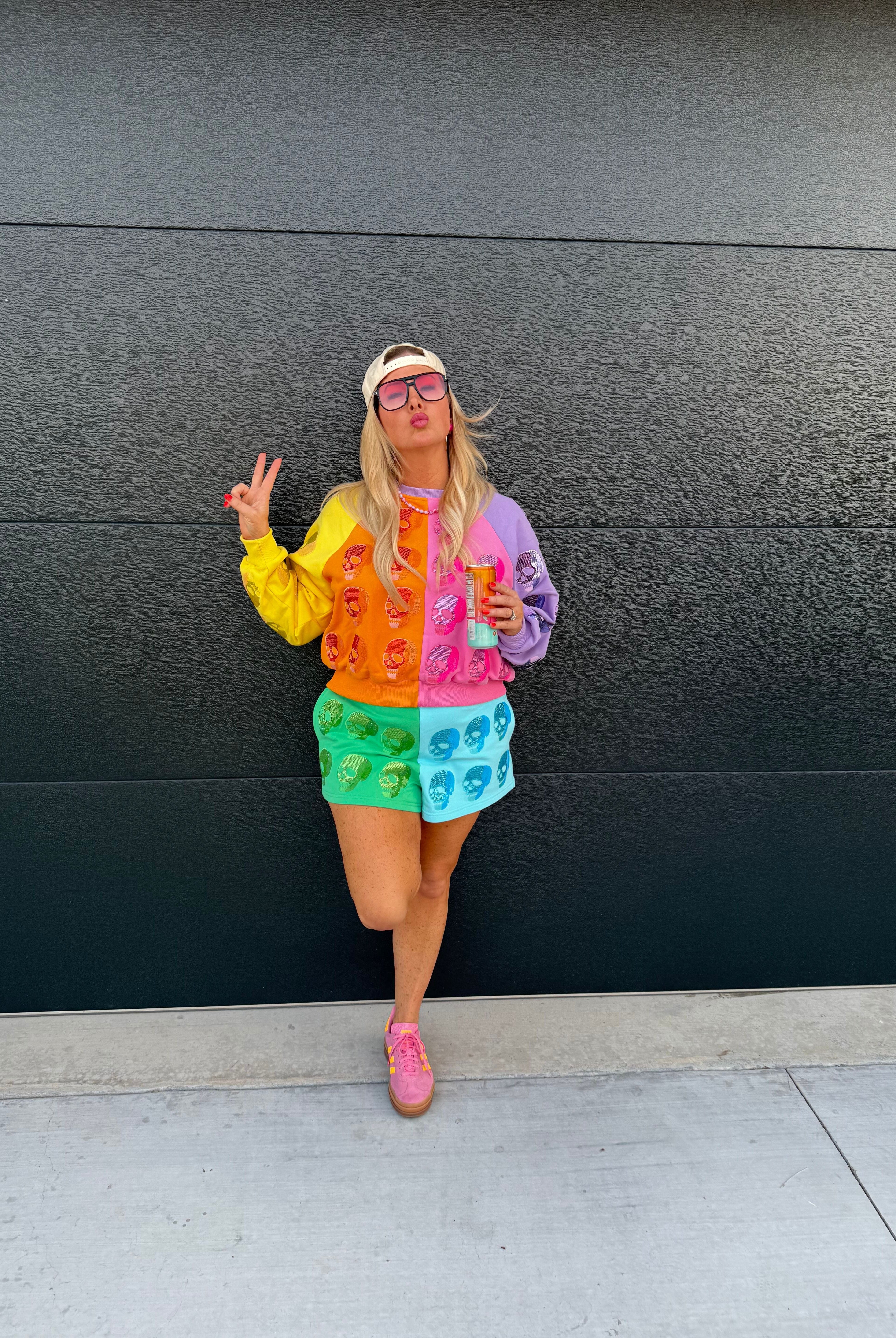 QUEEN OF SPARKLES COLOR BLOCK MULTI SKULL SHORTS - Bottoms