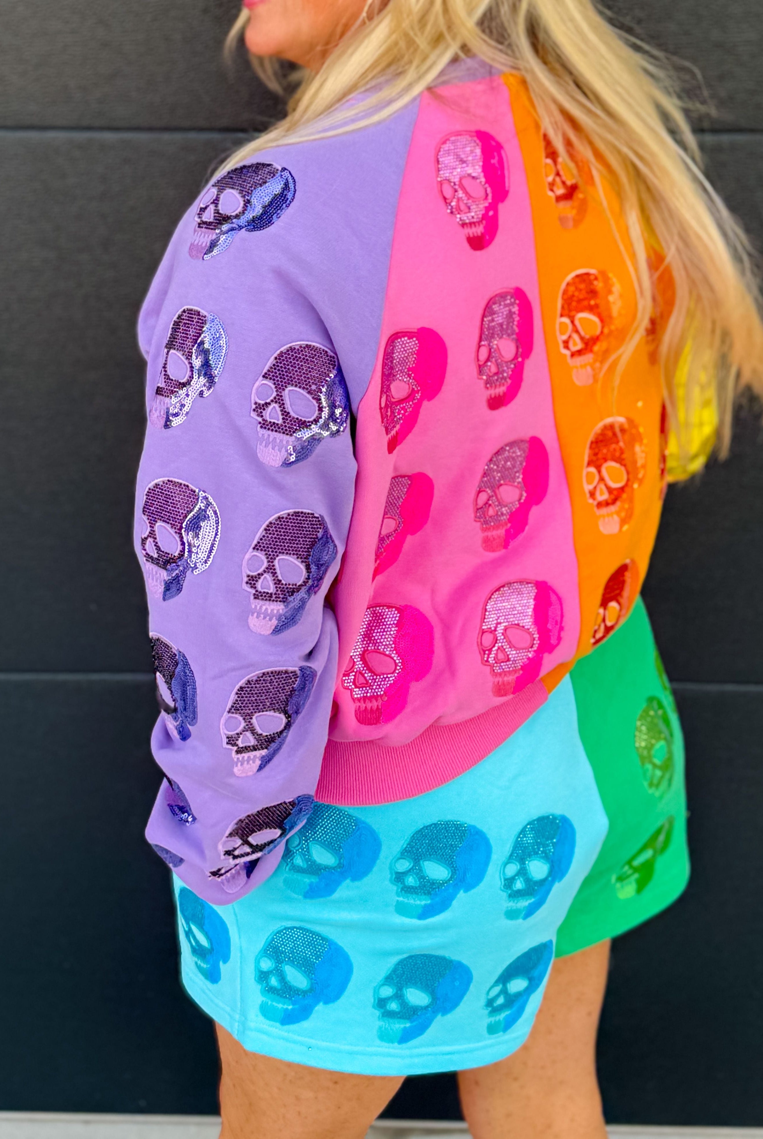 QUEEN OF SPARKLES COLOR BLOCK MULTI SKULL SHORTS - Bottoms