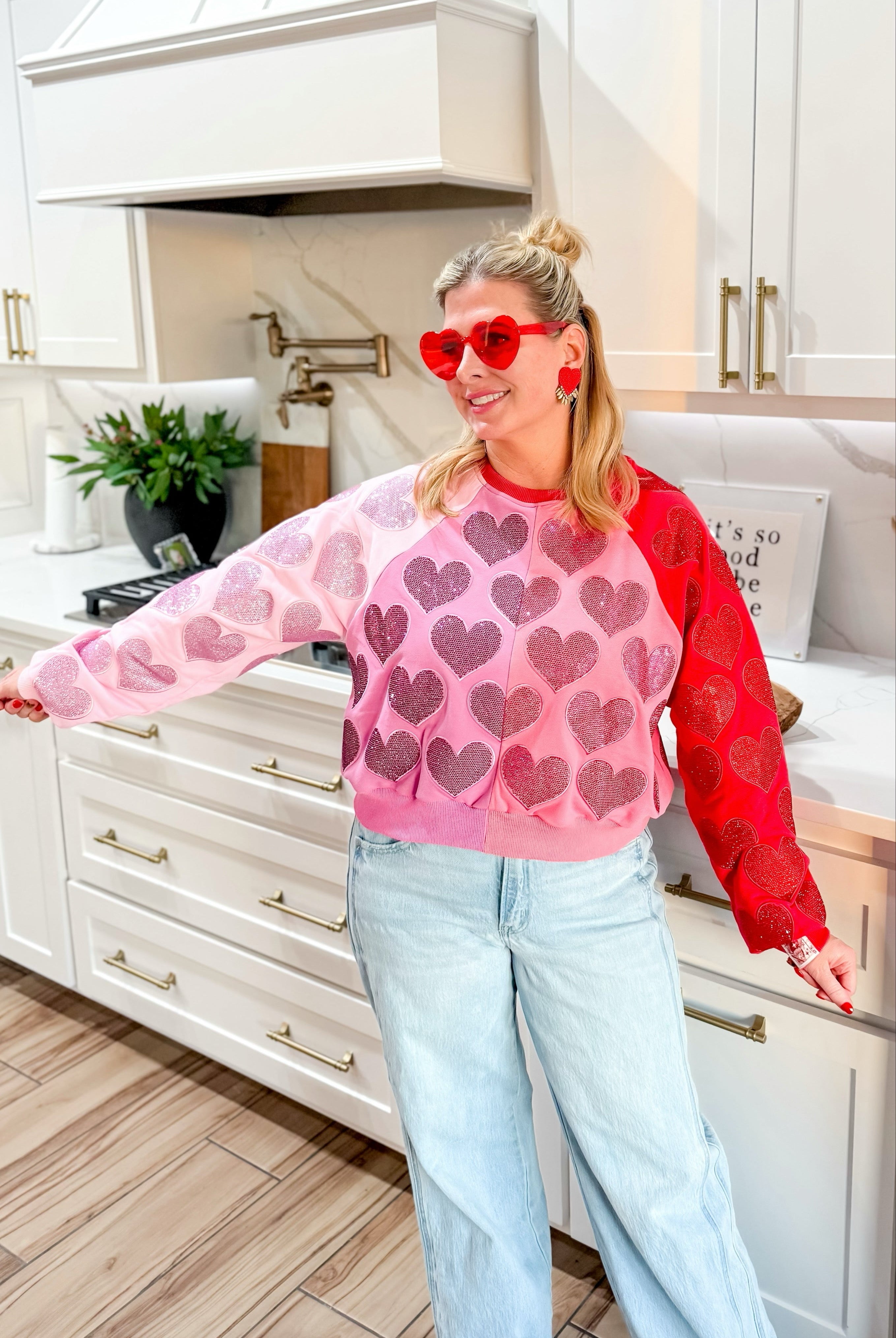 QUEEN OF SPARKLES COLORBLOCK RHINESTONE HEARTS SWEATSHIRT - Tops