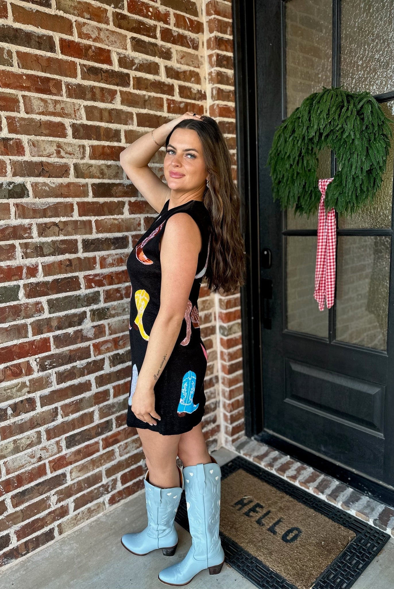 QUEEN OF SPARKLES BLACK KNIT MULTI COWBOY BOOT TANK DRESS - Dress