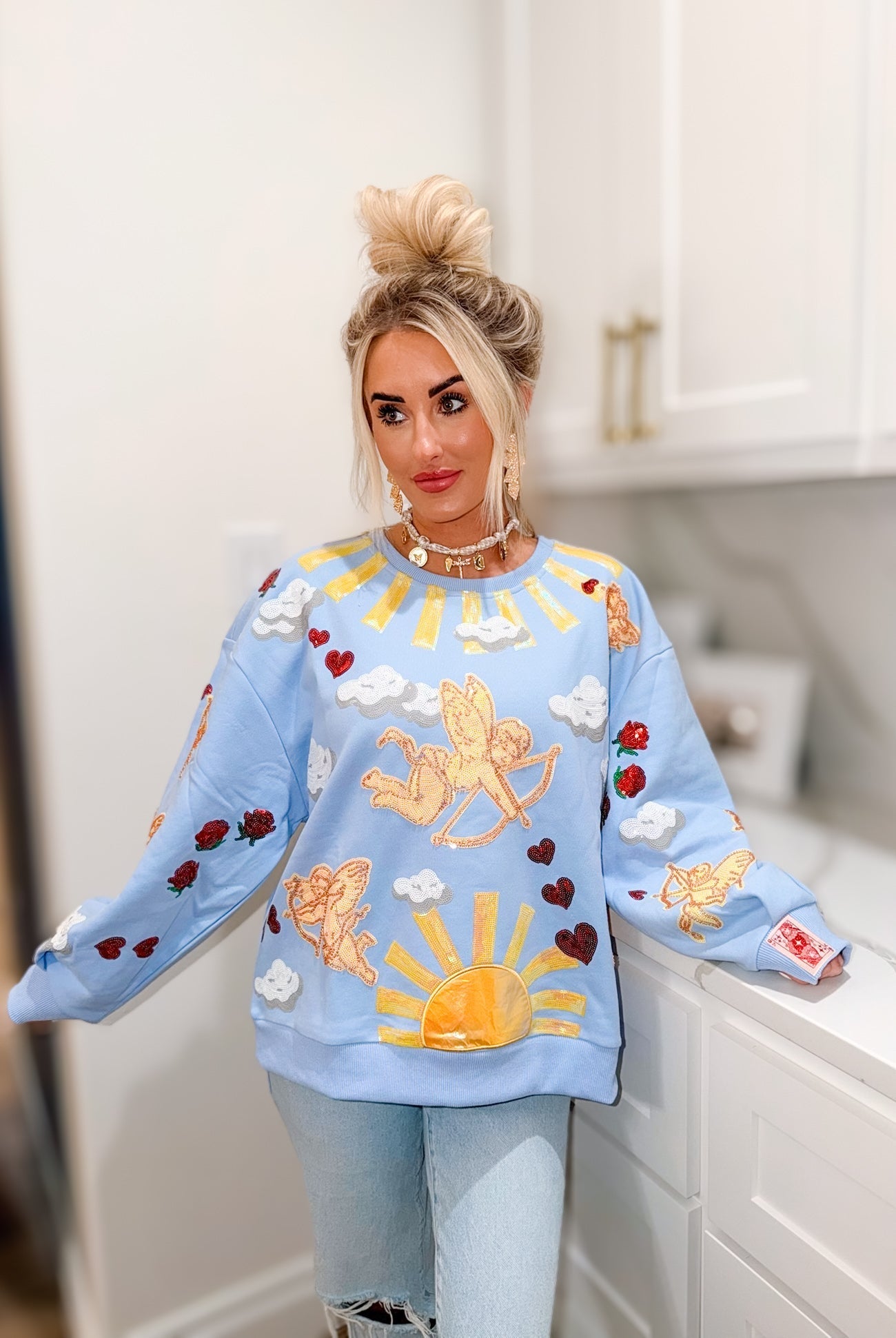 QUEEN OF SPARKLES LIGHT BLUE CUPID IN THE SKY SWEATSHIRT - Tops