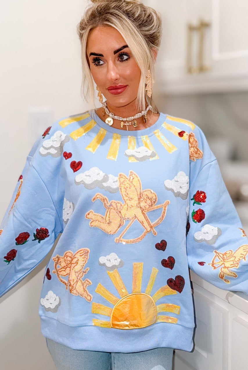 QUEEN OF SPARKLES LIGHT BLUE CUPID IN THE SKY SWEATSHIRT - Tops