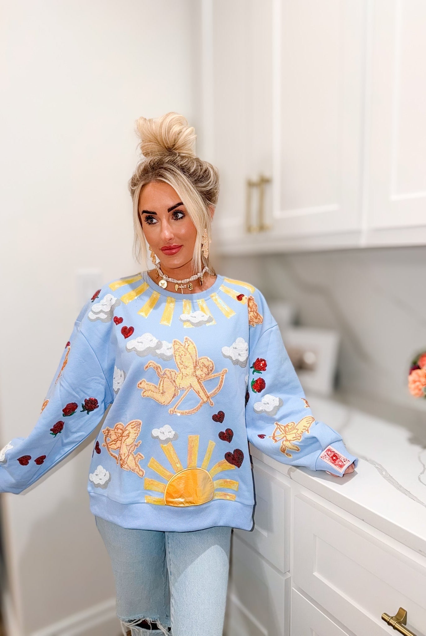QUEEN OF SPARKLES LIGHT BLUE CUPID IN THE SKY SWEATSHIRT - Tops