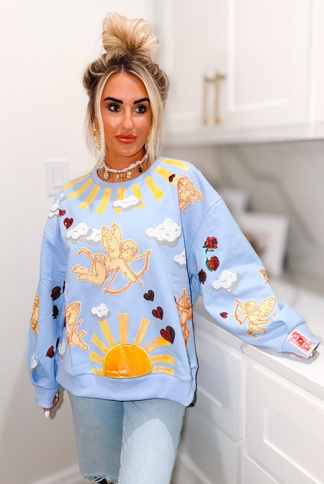 QUEEN OF SPARKLES LIGHT BLUE CUPID IN THE SKY SWEATSHIRT - Tops