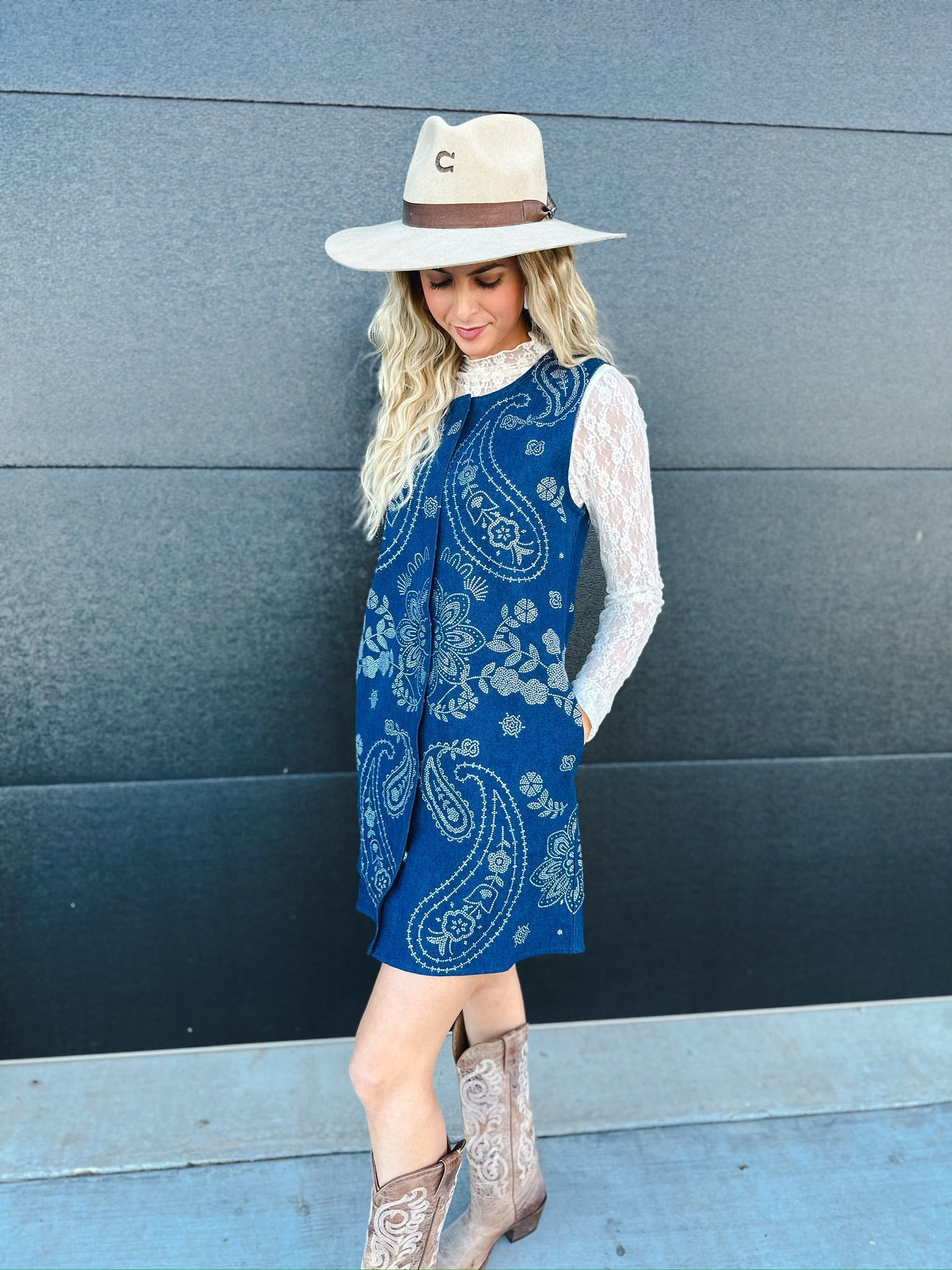 QUEEN OF SPARKLES DENIM SEQUIN PAISLEY BUTTON UP TANK DRESS - Dress