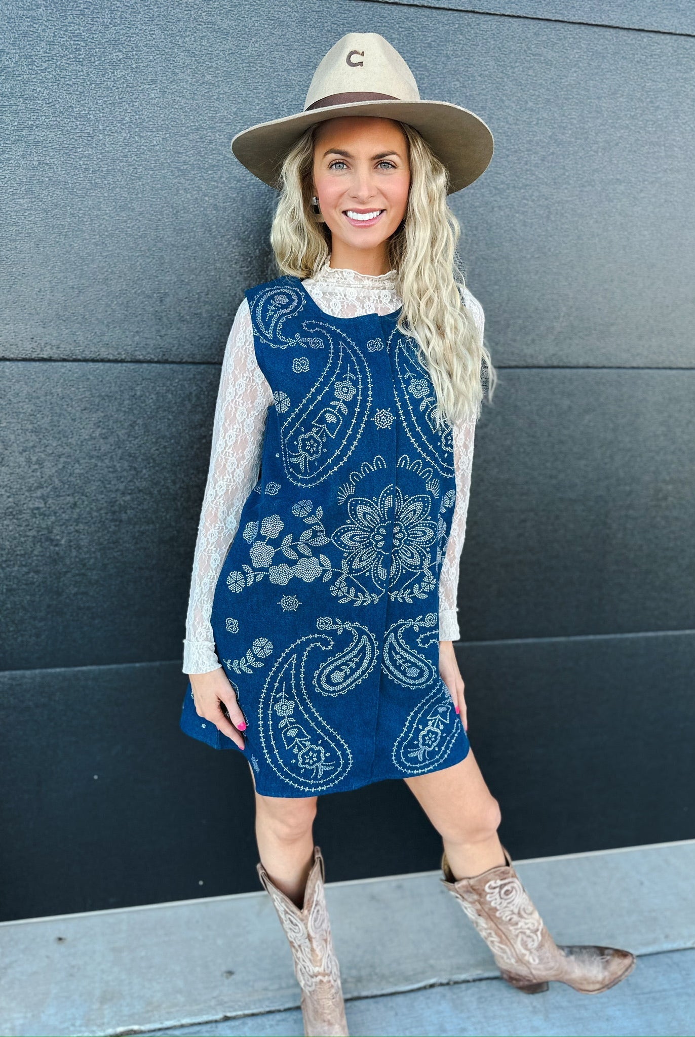 QUEEN OF SPARKLES DENIM SEQUIN PAISLEY BUTTON UP TANK DRESS - Dress