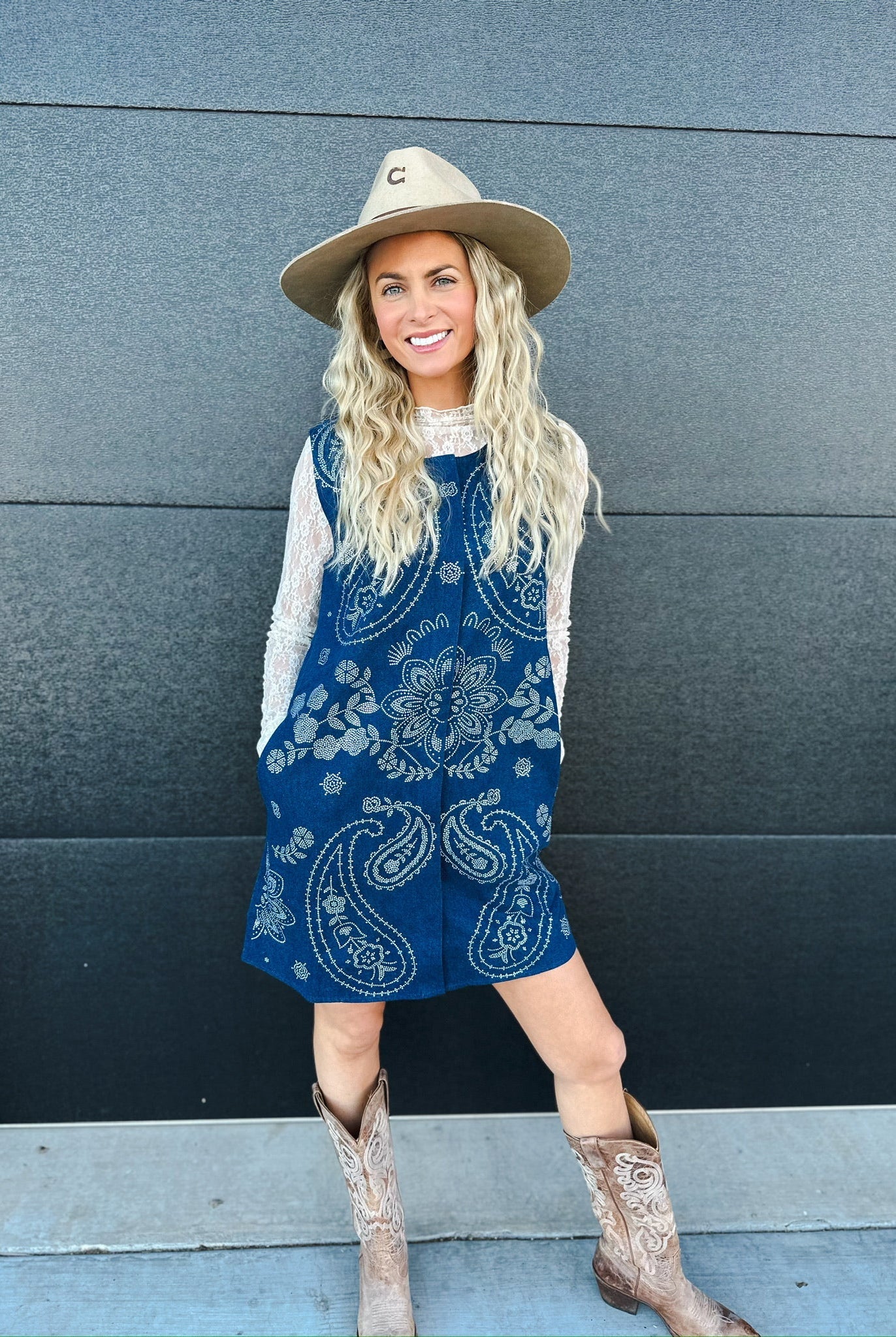 QUEEN OF SPARKLES DENIM SEQUIN PAISLEY BUTTON UP TANK DRESS - Dress