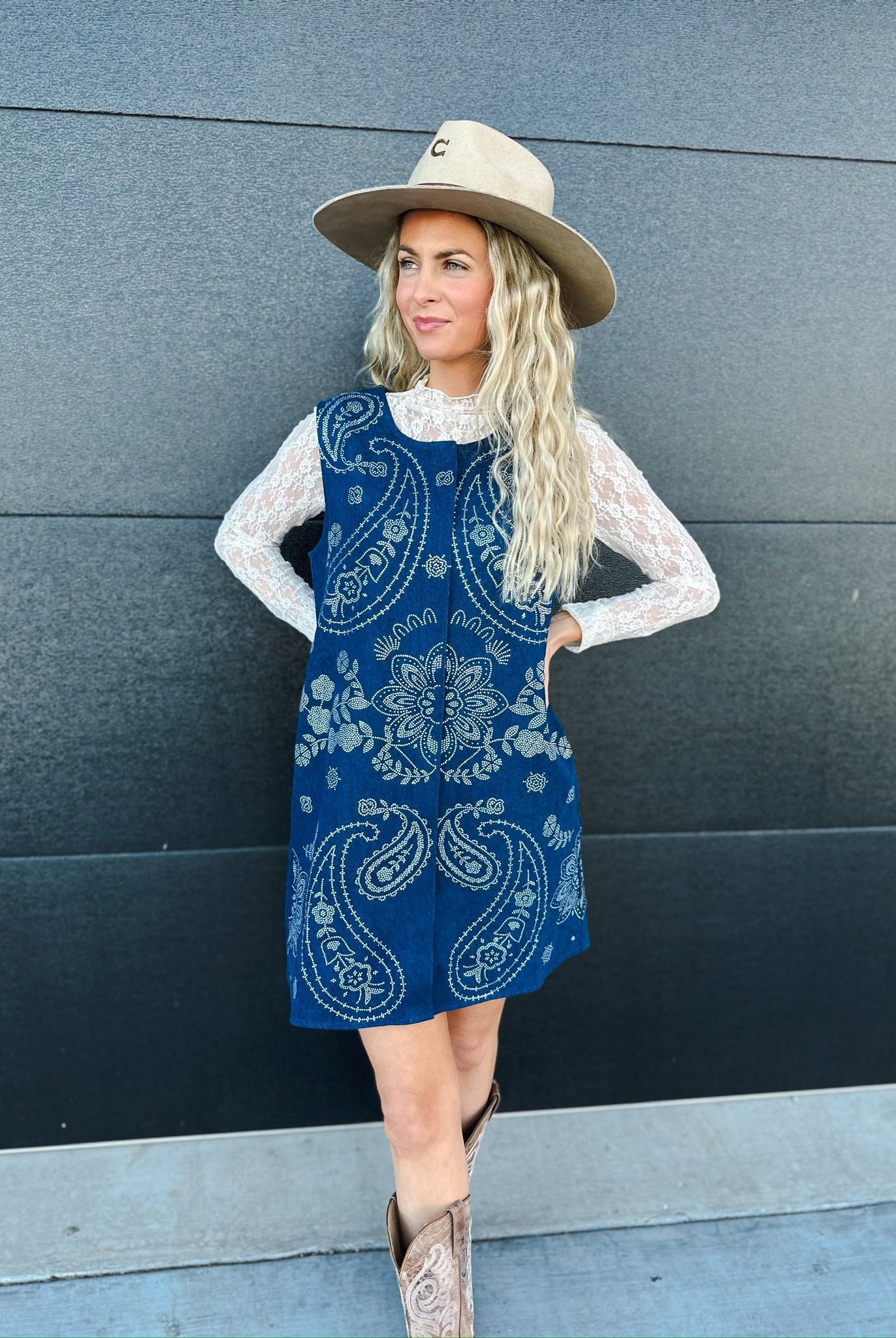 QUEEN OF SPARKLES DENIM SEQUIN PAISLEY BUTTON UP TANK DRESS - Dress