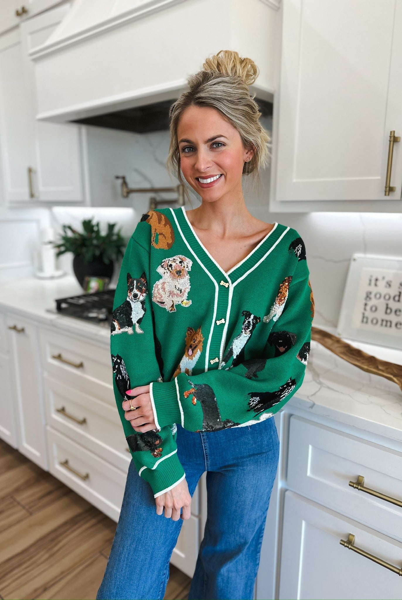 QUEEN OF SPARKLES GREEN DOG BUTTON UP CARDIGAN - Tops