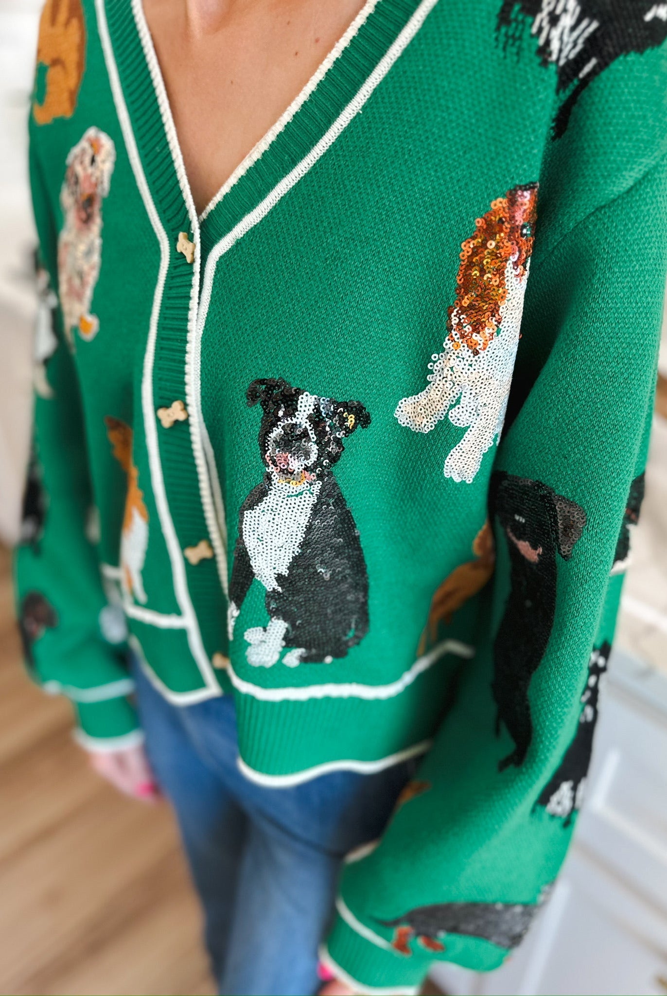 QUEEN OF SPARKLES GREEN DOG BUTTON UP CARDIGAN - Tops