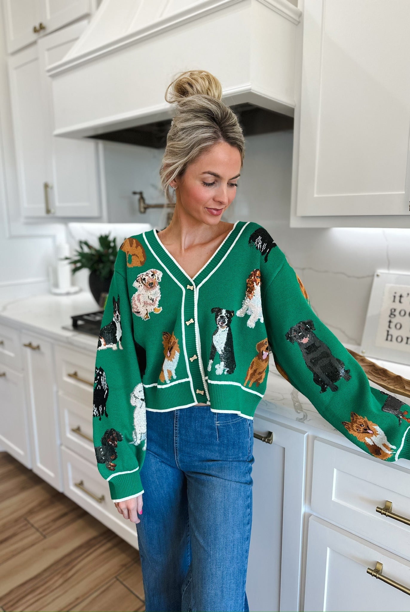 QUEEN OF SPARKLES GREEN DOG BUTTON UP CARDIGAN - Tops
