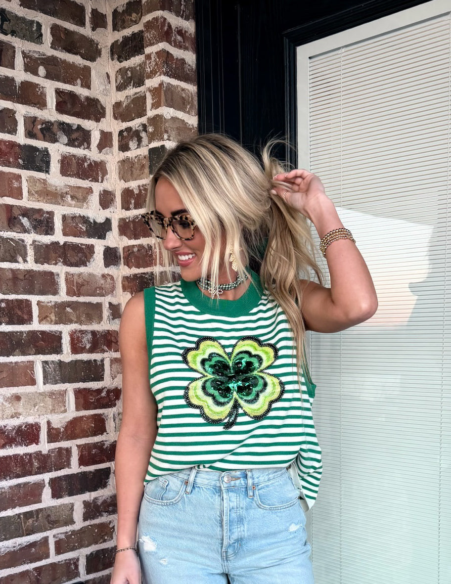 QUEEN OF SPARKLES GREEN AND WHITE STRIPED SHAMROCK KNIT TANK - Tops