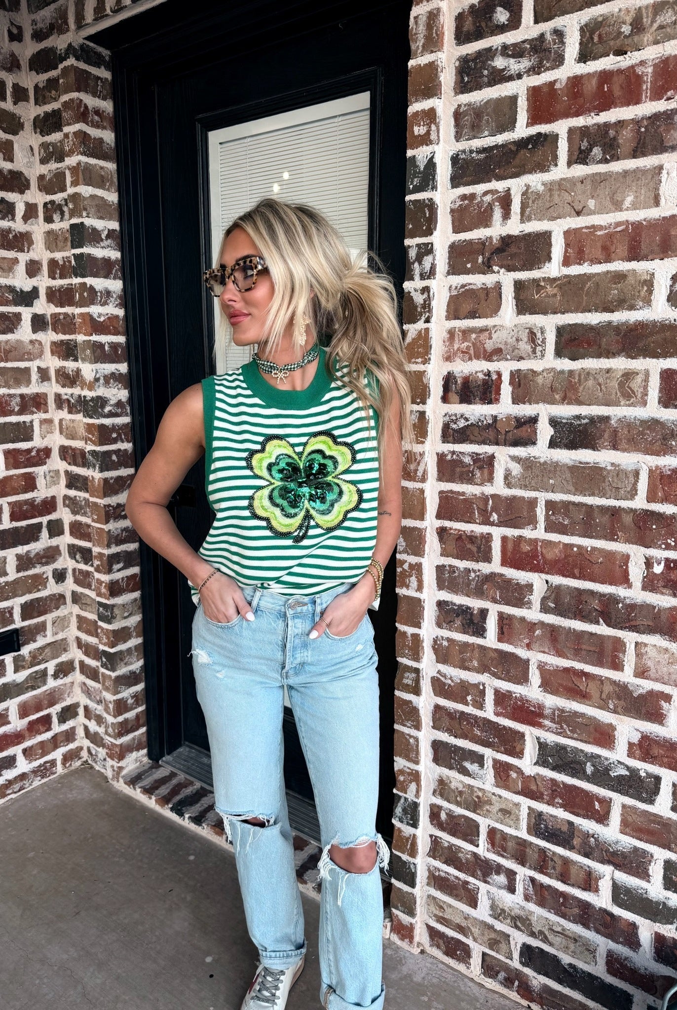 QUEEN OF SPARKLES GREEN AND WHITE STRIPED SHAMROCK KNIT TANK - Tops