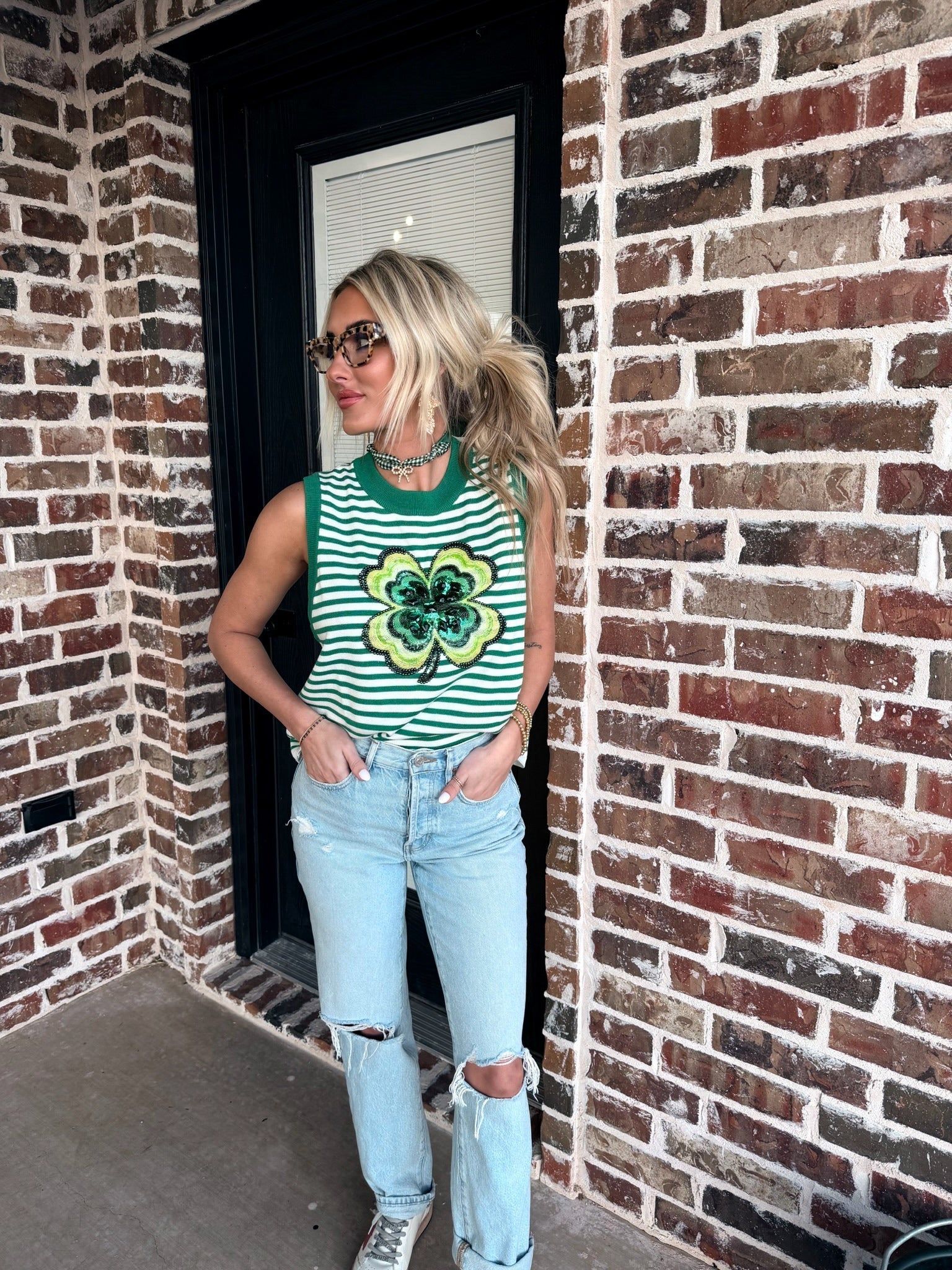 QUEEN OF SPARKLES GREEN AND WHITE STRIPED SHAMROCK KNIT TANK - Tops