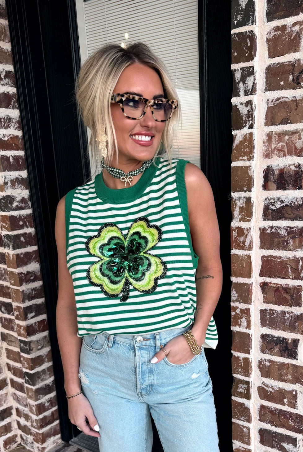 QUEEN OF SPARKLES GREEN AND WHITE STRIPED SHAMROCK KNIT TANK - Tops