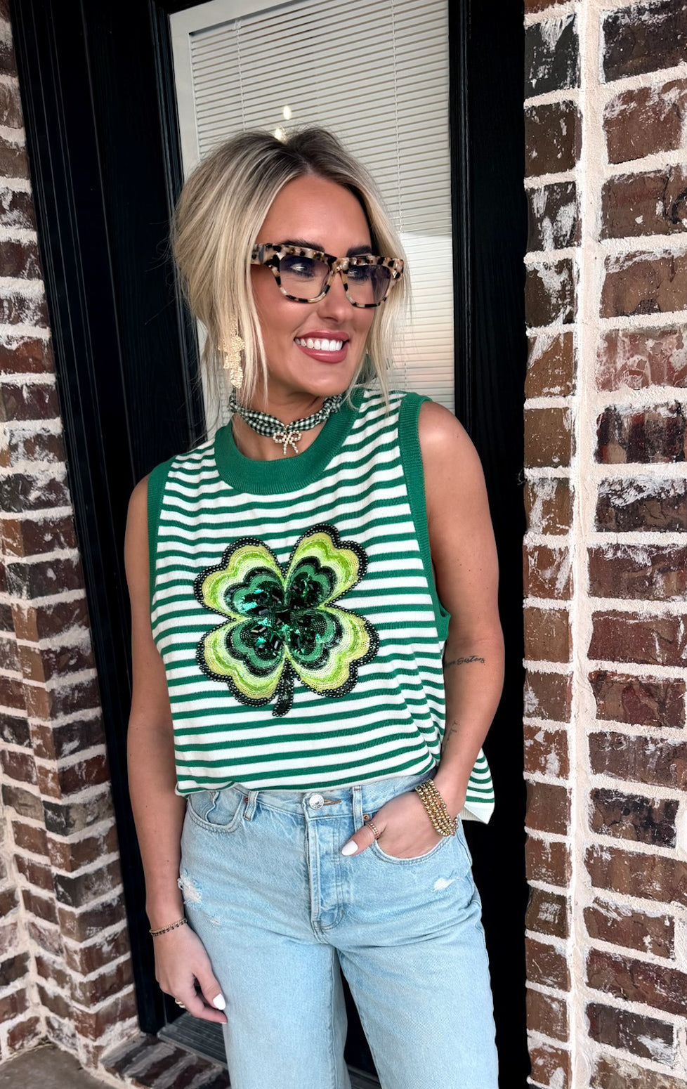 QUEEN OF SPARKLES GREEN AND WHITE STRIPED SHAMROCK KNIT TANK - Tops
