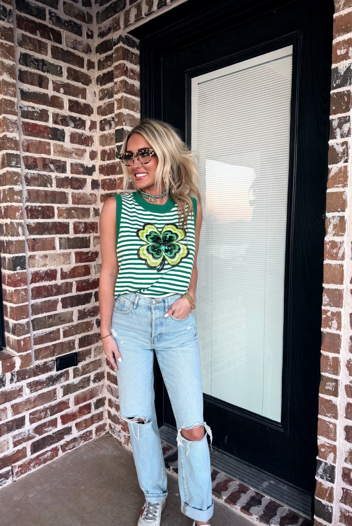 QUEEN OF SPARKLES GREEN AND WHITE STRIPED SHAMROCK KNIT TANK - Tops