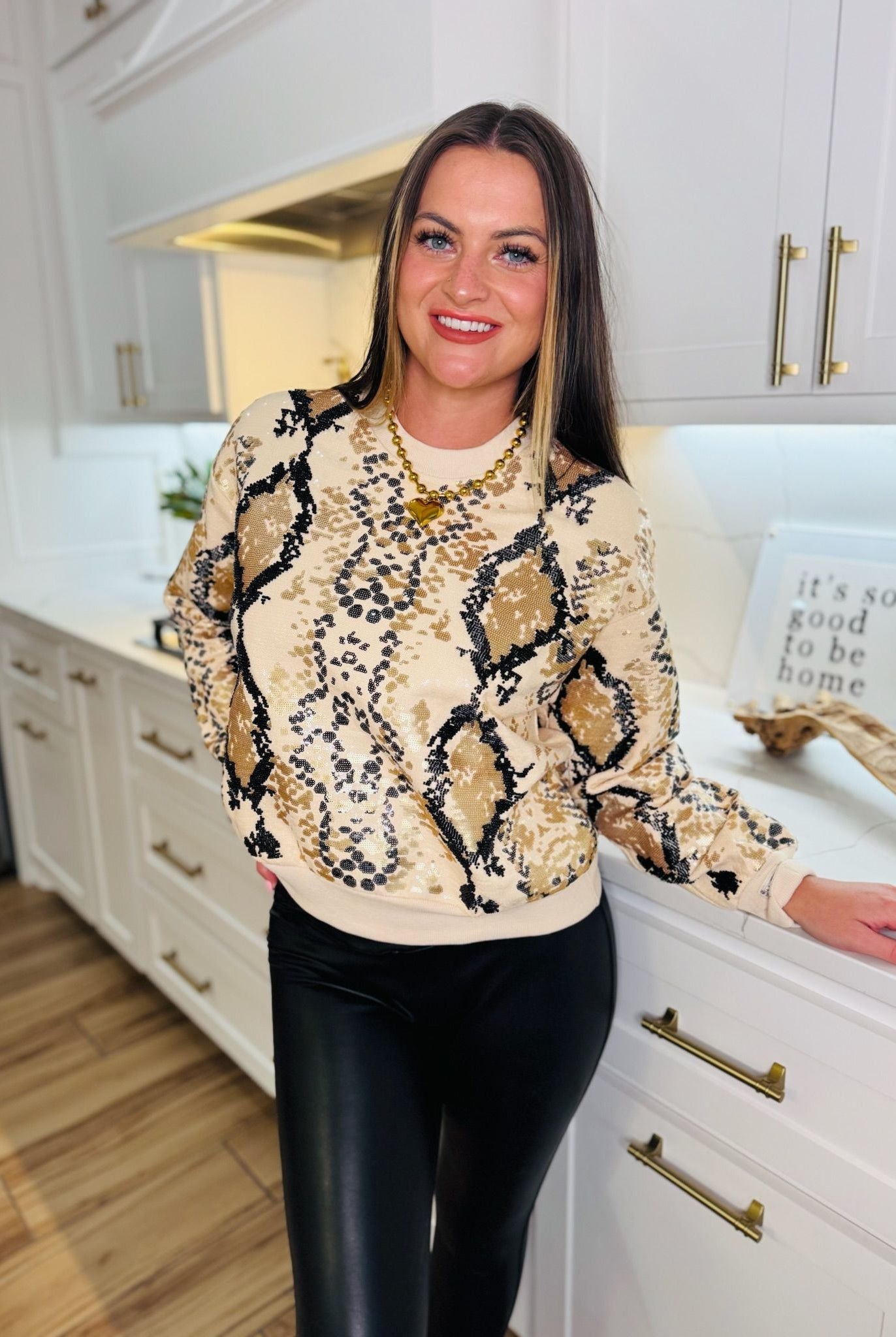 NEUTRAL AND BLACK PYTHON PRINT QUEEN OF SPARKLES SWEATSHIRT - Tops