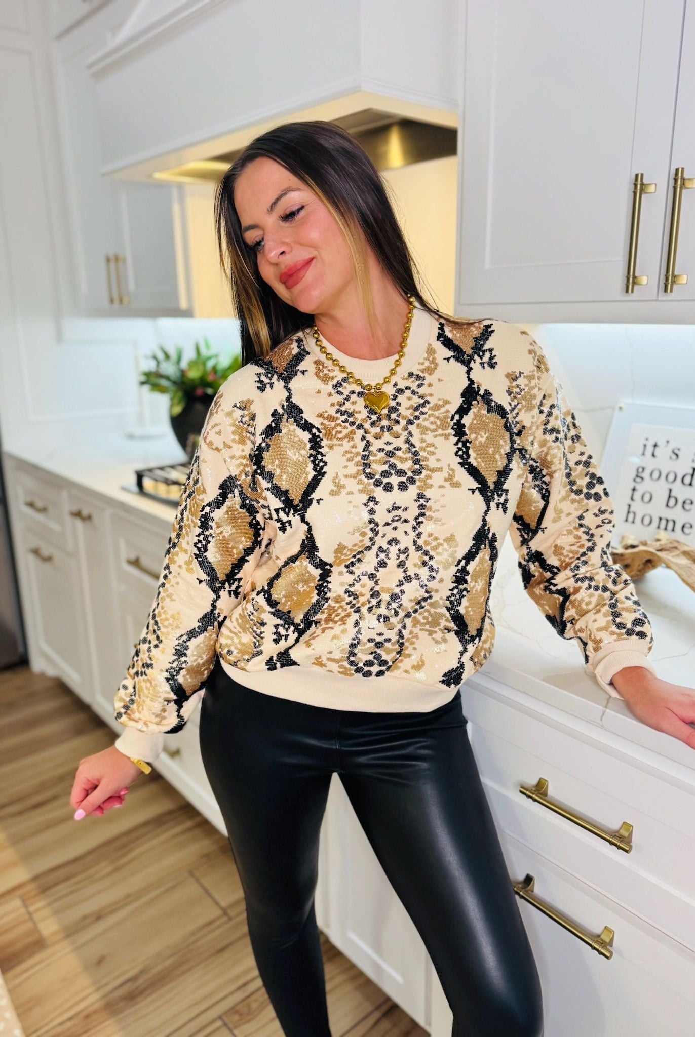 NEUTRAL AND BLACK PYTHON PRINT QUEEN OF SPARKLES SWEATSHIRT - Tops