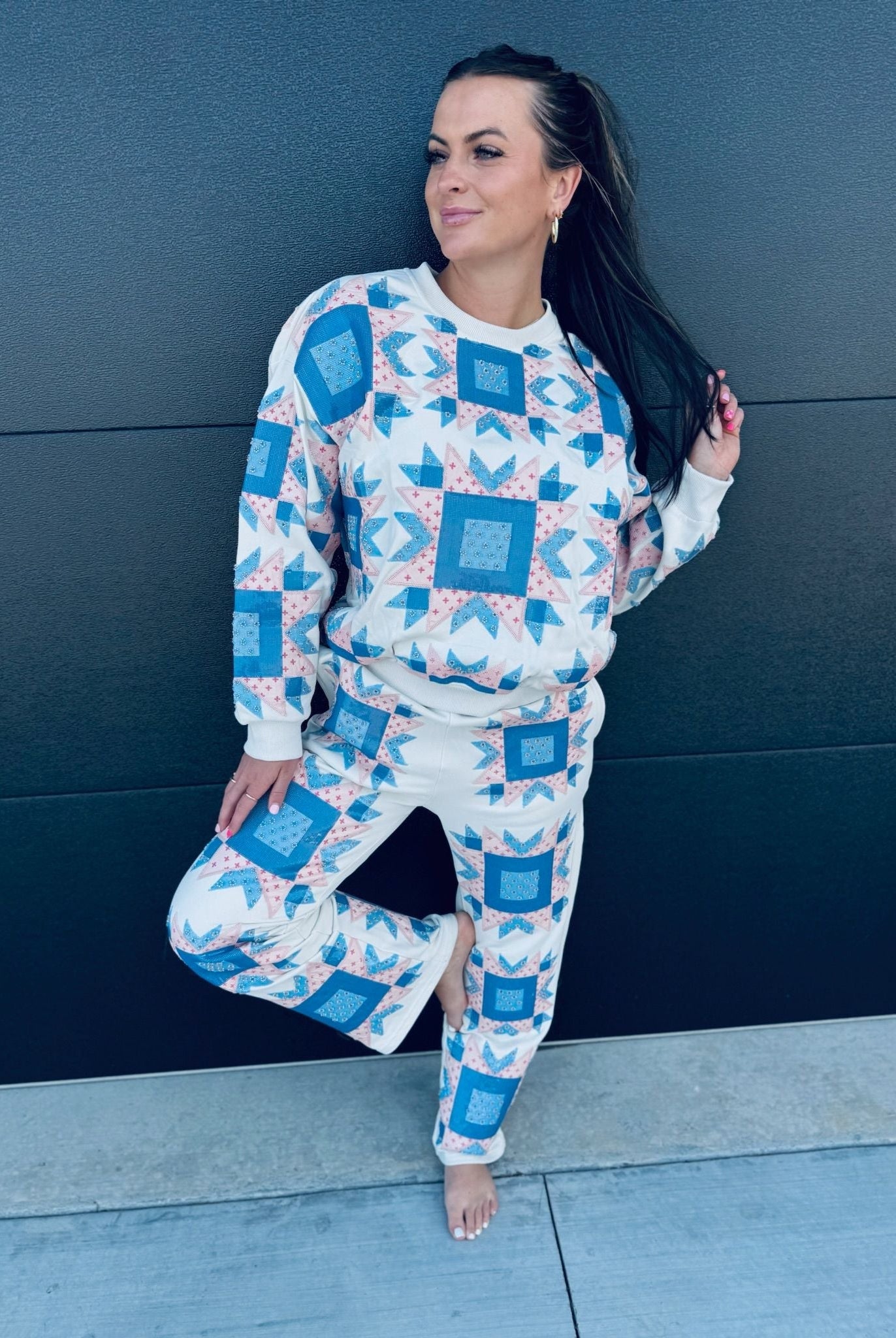 QUEEN OF SPARKLES IVORY,BLUE & LIGHT PINK PATCH SWEAT PANT - Bottoms