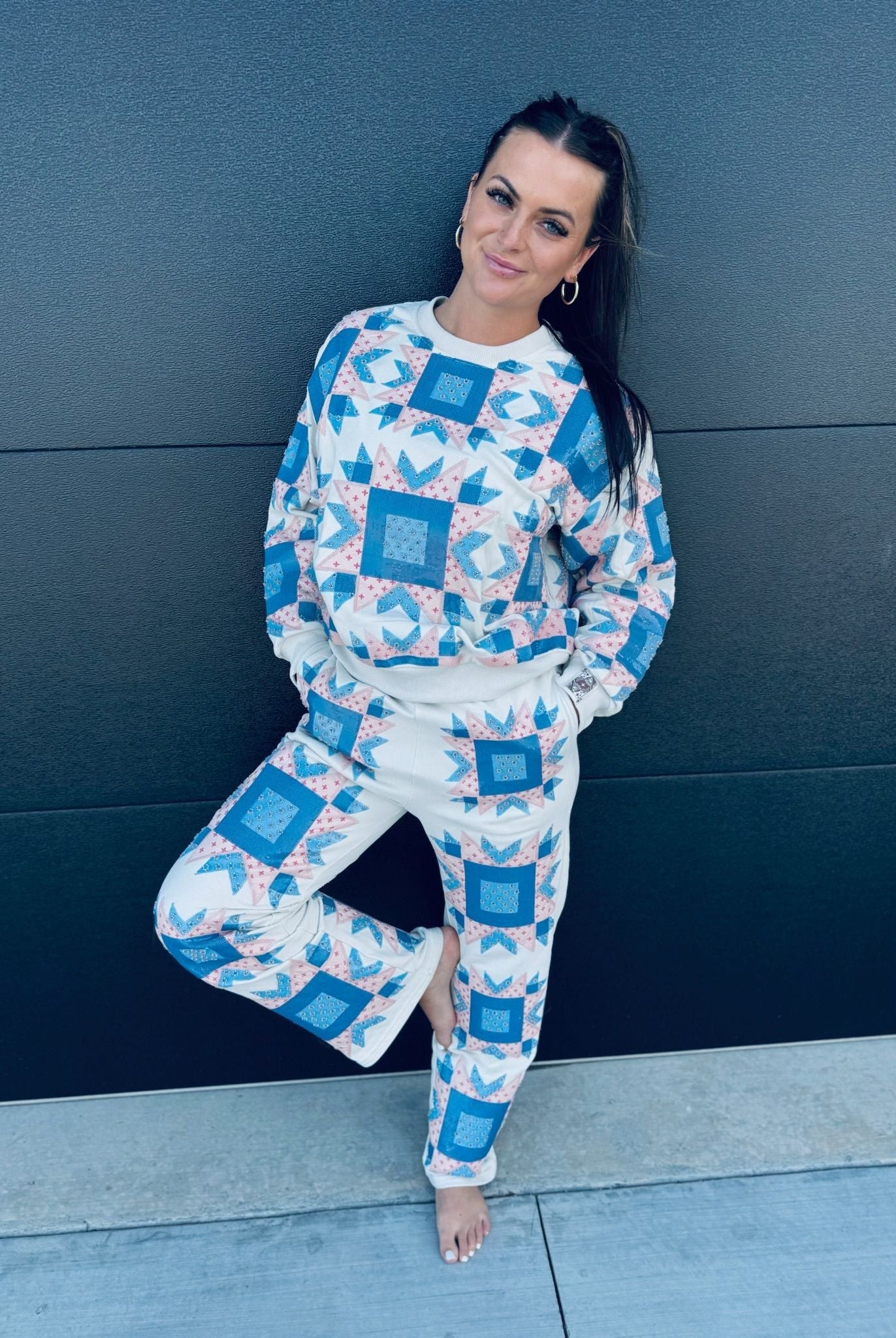 QUEEN OF SPARKLES IVORY,BLUE & LIGHT PINK PATCH SWEAT PANT - Bottoms