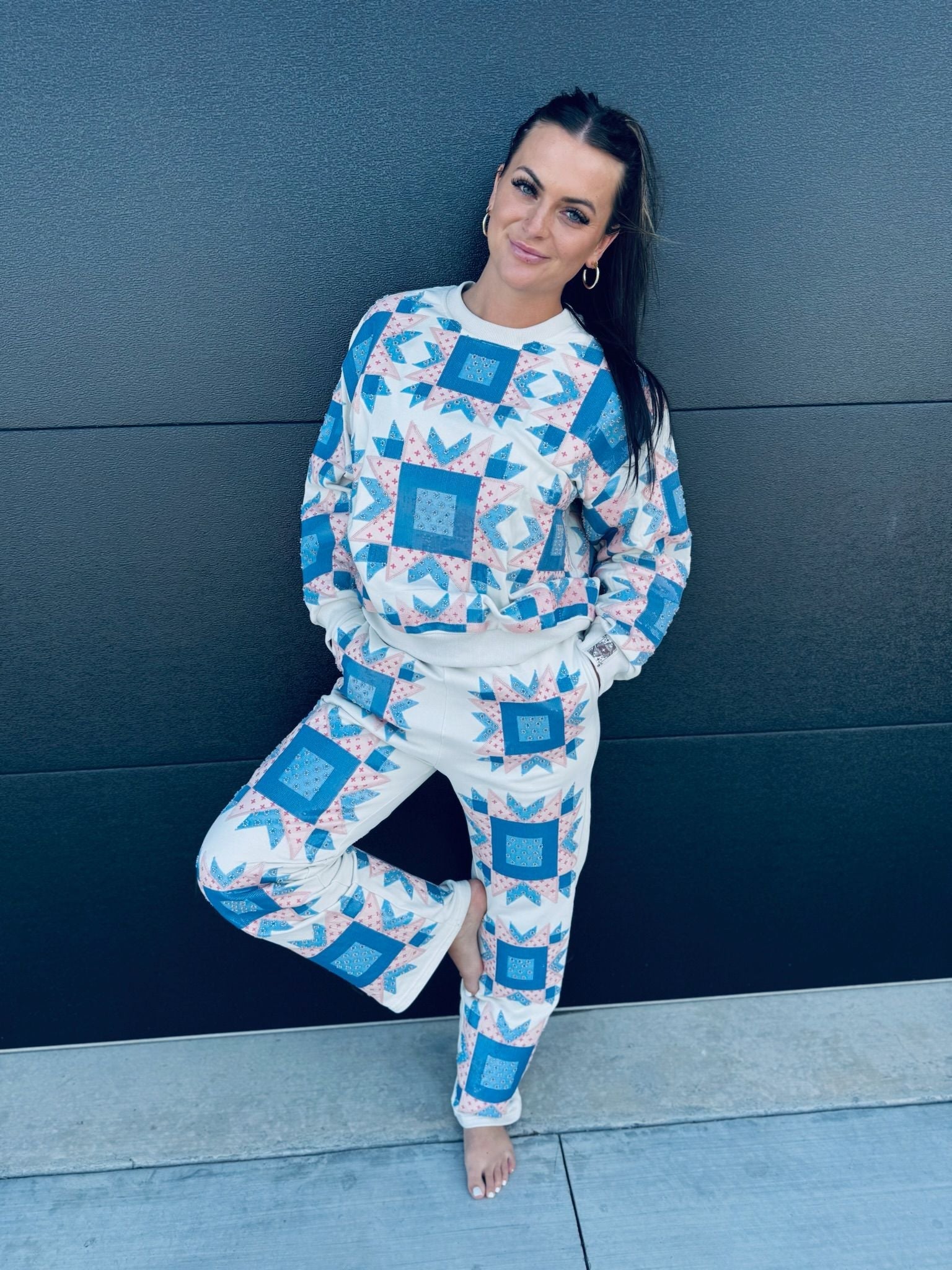 QUEEN OF SPARKLES IVORY,BLUE & LIGHT PINK PATCH SWEAT PANT - Bottoms