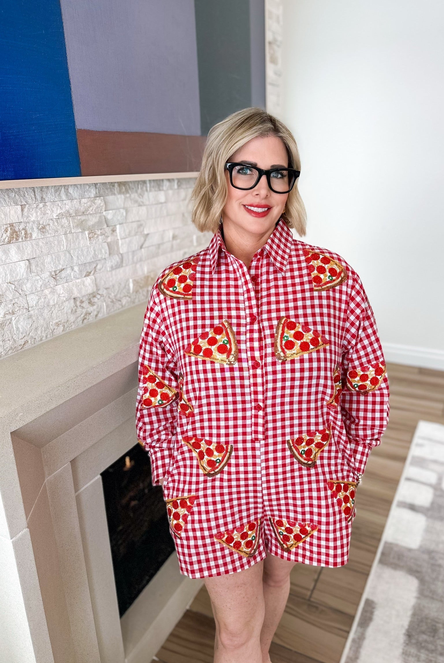 QOS RED GINGAM PIZZA BUTTON UP ROMPER - Dress