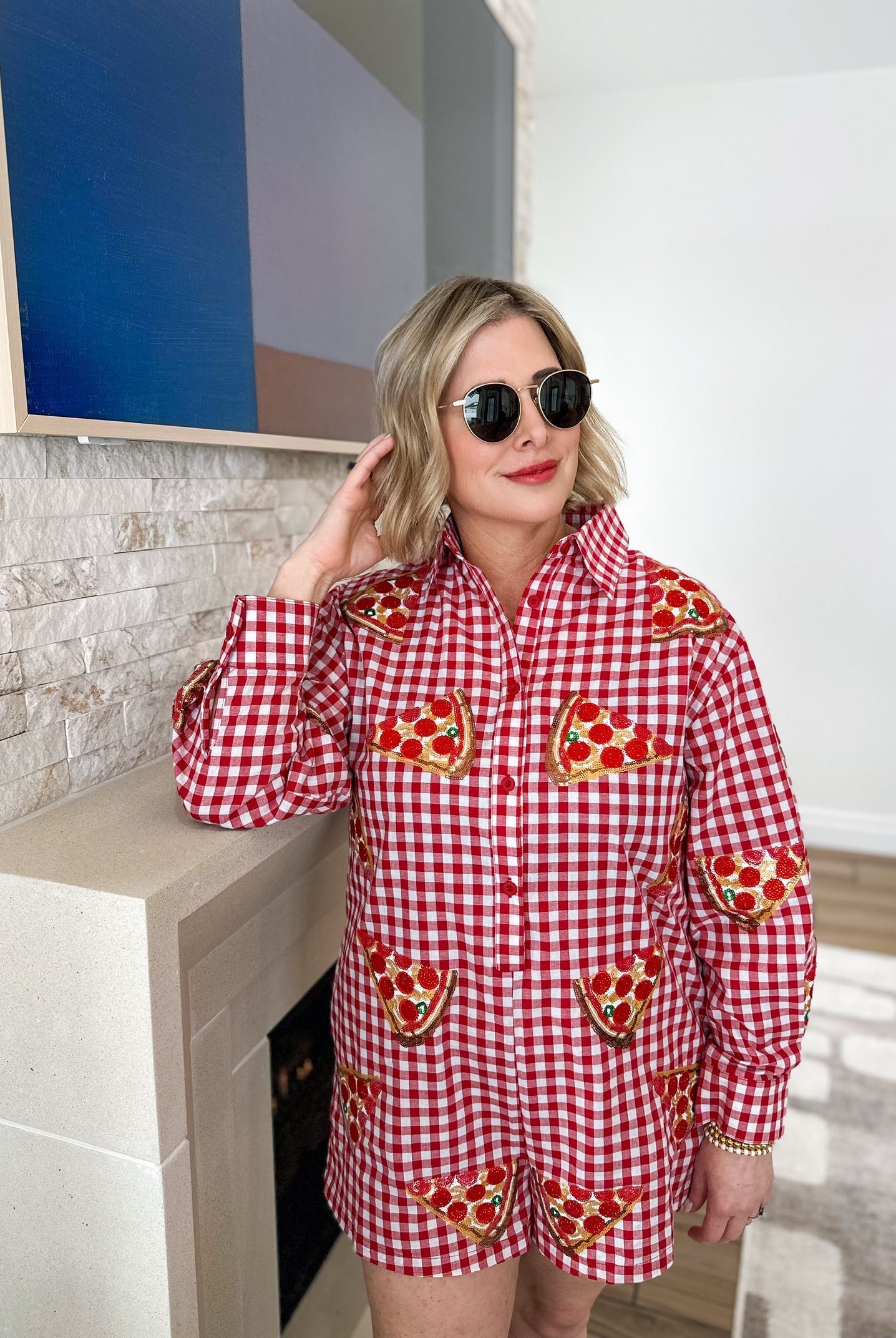 QOS RED GINGAM PIZZA BUTTON UP ROMPER - Dress