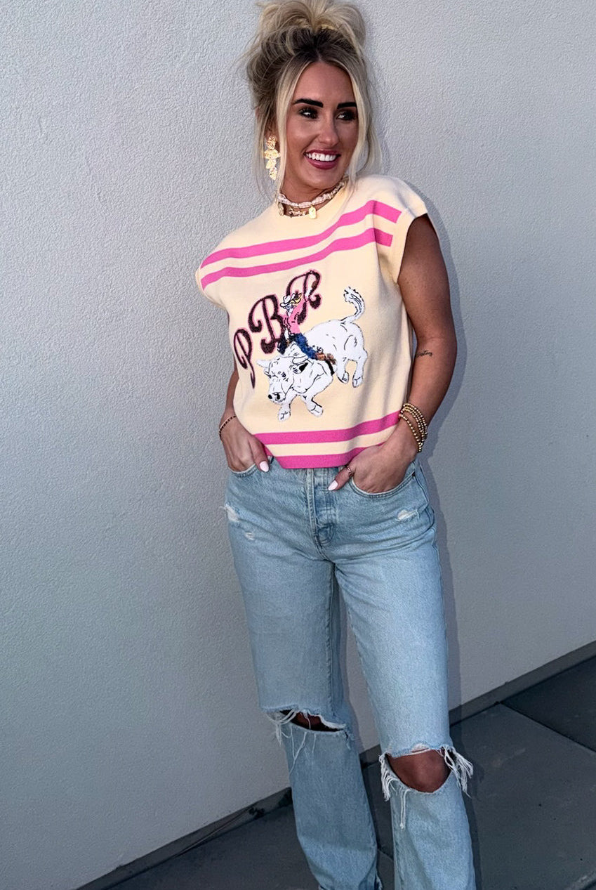 QUEEN OF SPARKLES PINK AND TAN KNIT PBR COWGIRL SLEEVELESS TOP - Tops