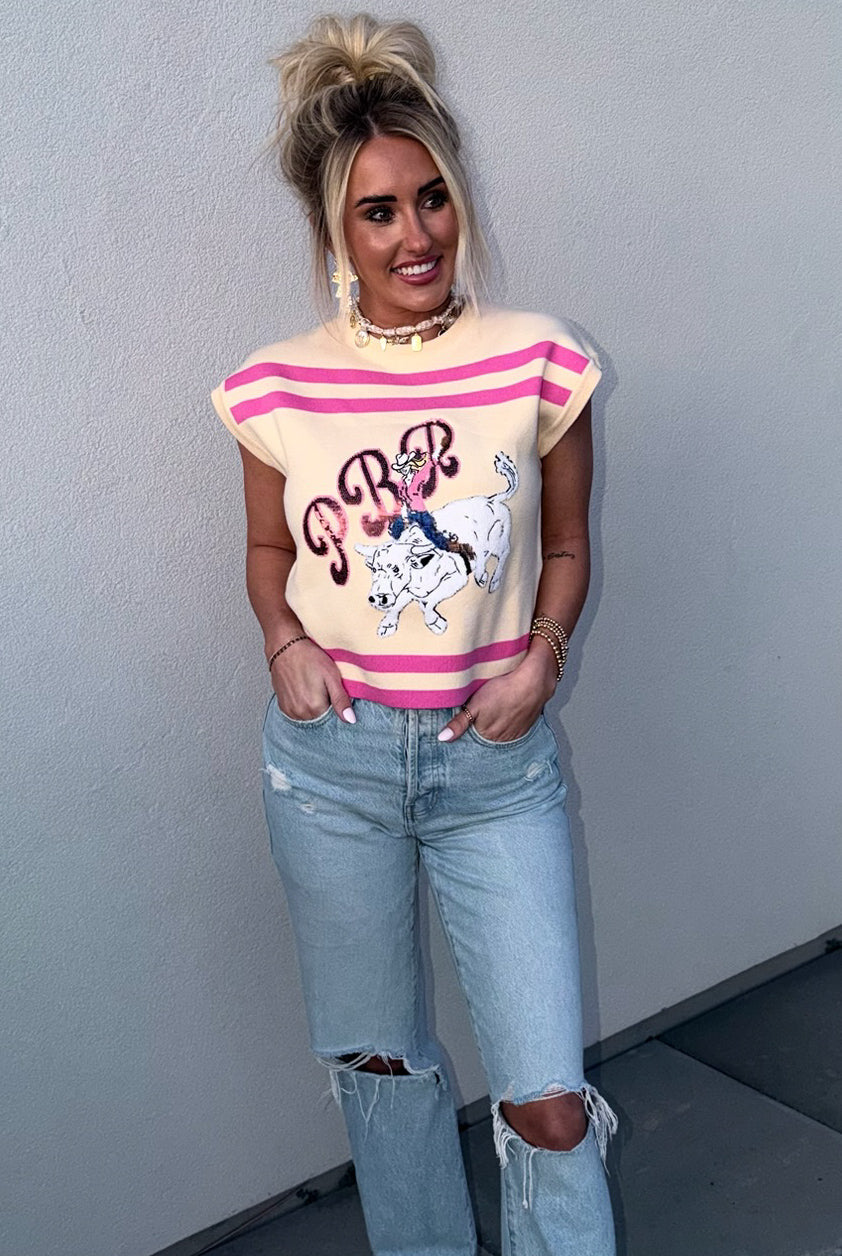 QUEEN OF SPARKLES PINK AND TAN KNIT PBR COWGIRL SLEEVELESS TOP - Tops