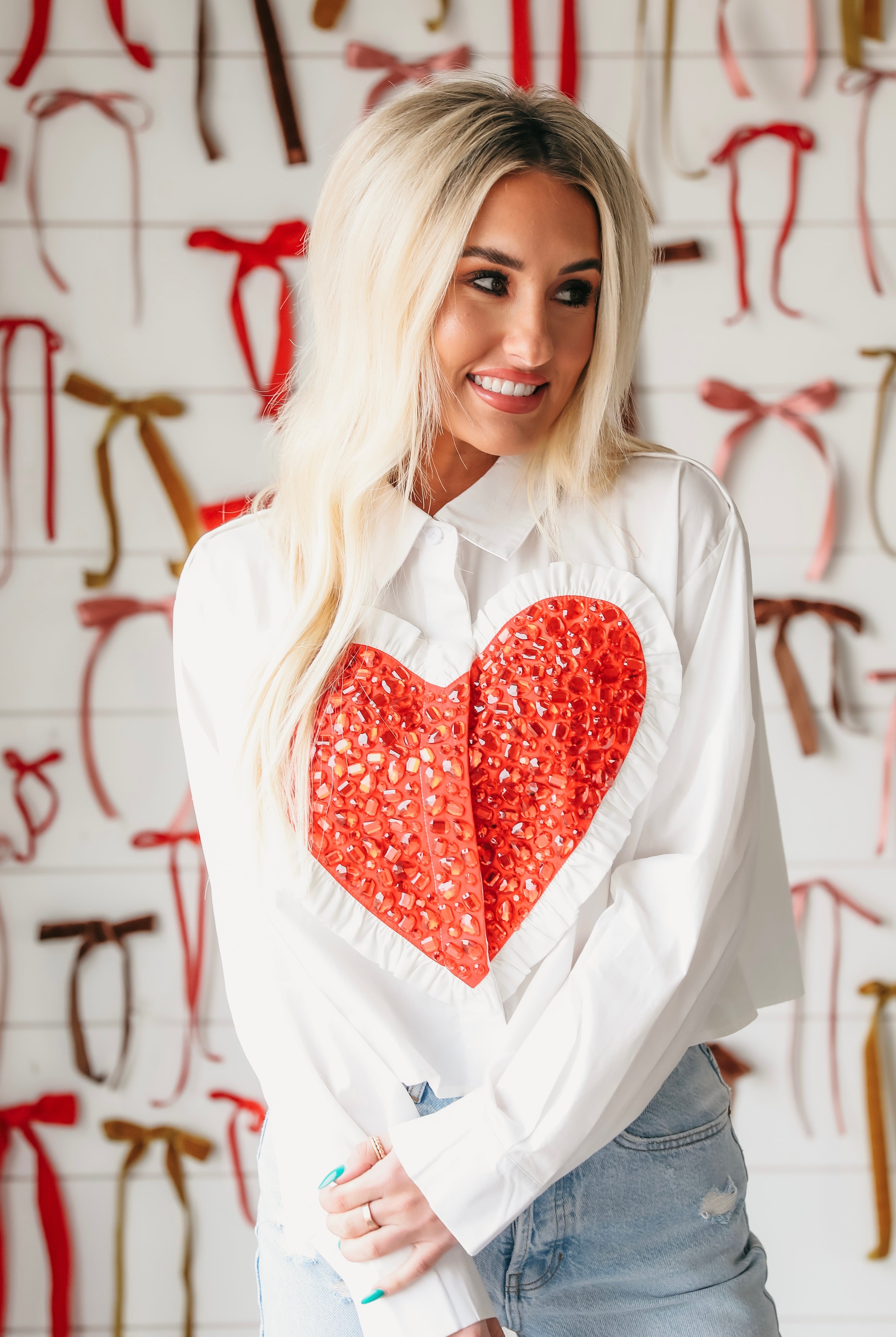 QUEEN OF SPARKLES WHITE BUTTON DOWN WITH RED JEWELED HEART - Tops