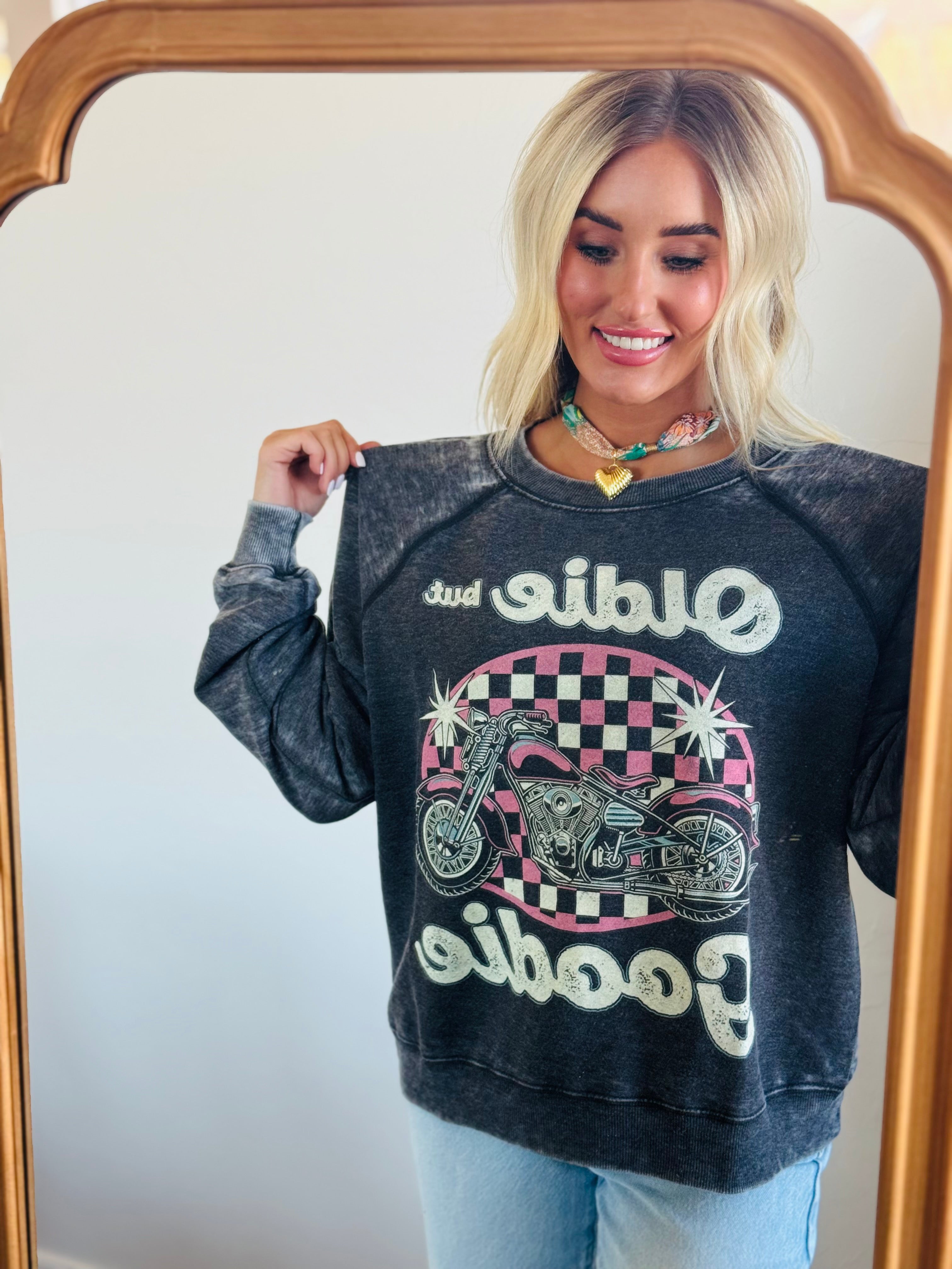 Recycled Karma dark grey "Oldie But Goodie" sweatshirt with a pink checkered oval graphic of a motorcycle.