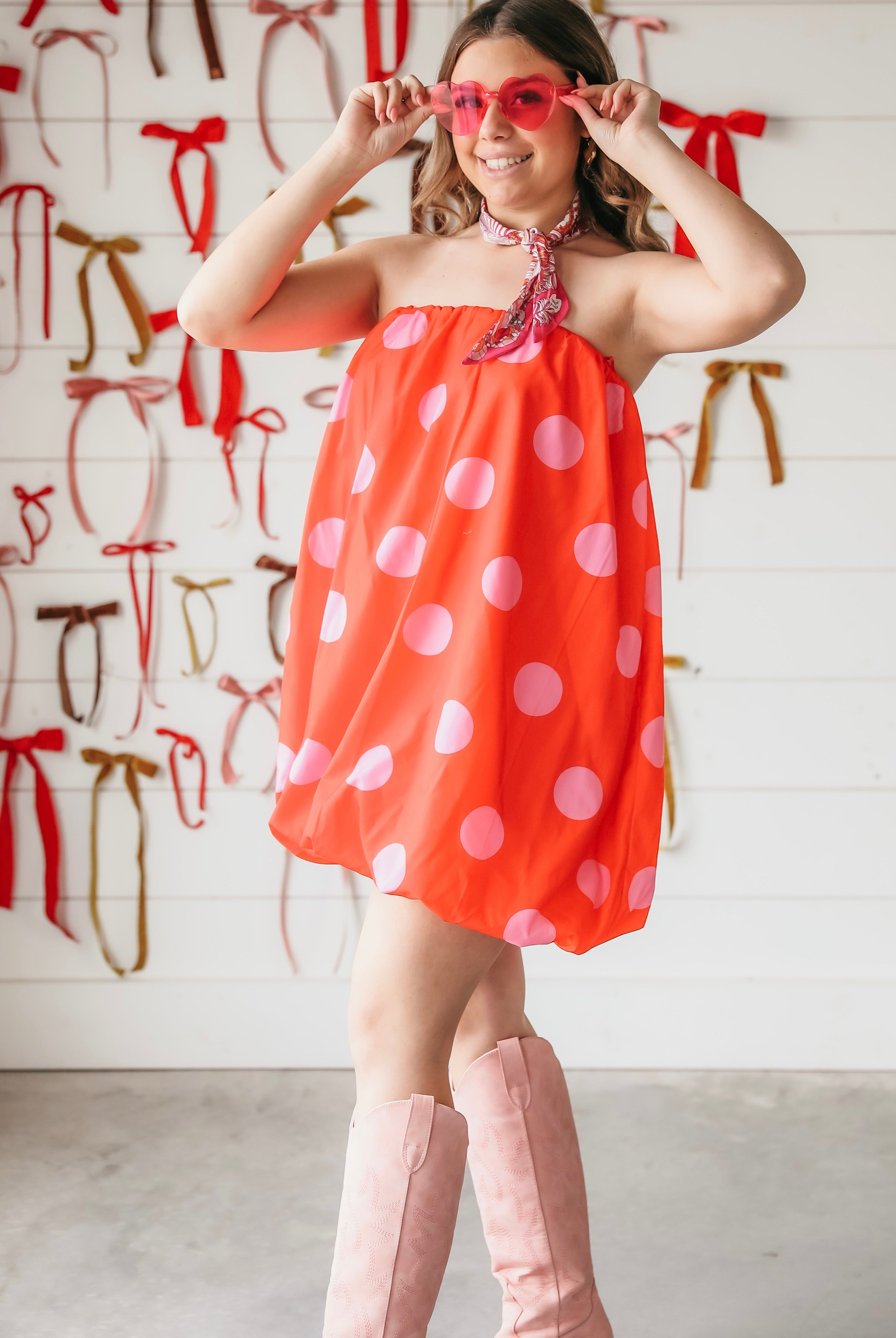 RED AND PINK POLKA DOT STRAPLESS BUBBLE DRESS - Dress