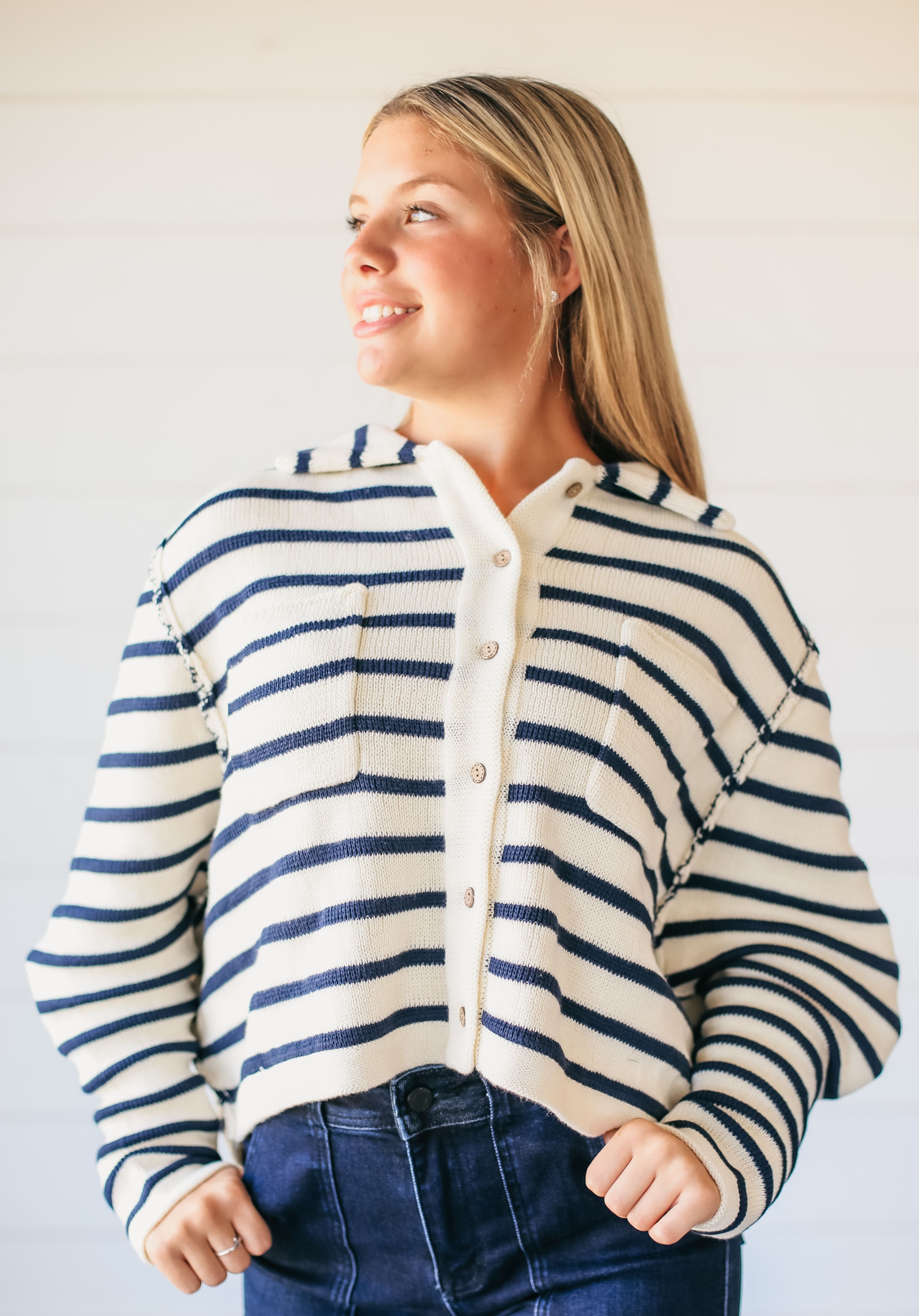 CREAM AND NAVY COLLARED STRIPED BUTTON DOWN SWEATER - Tops