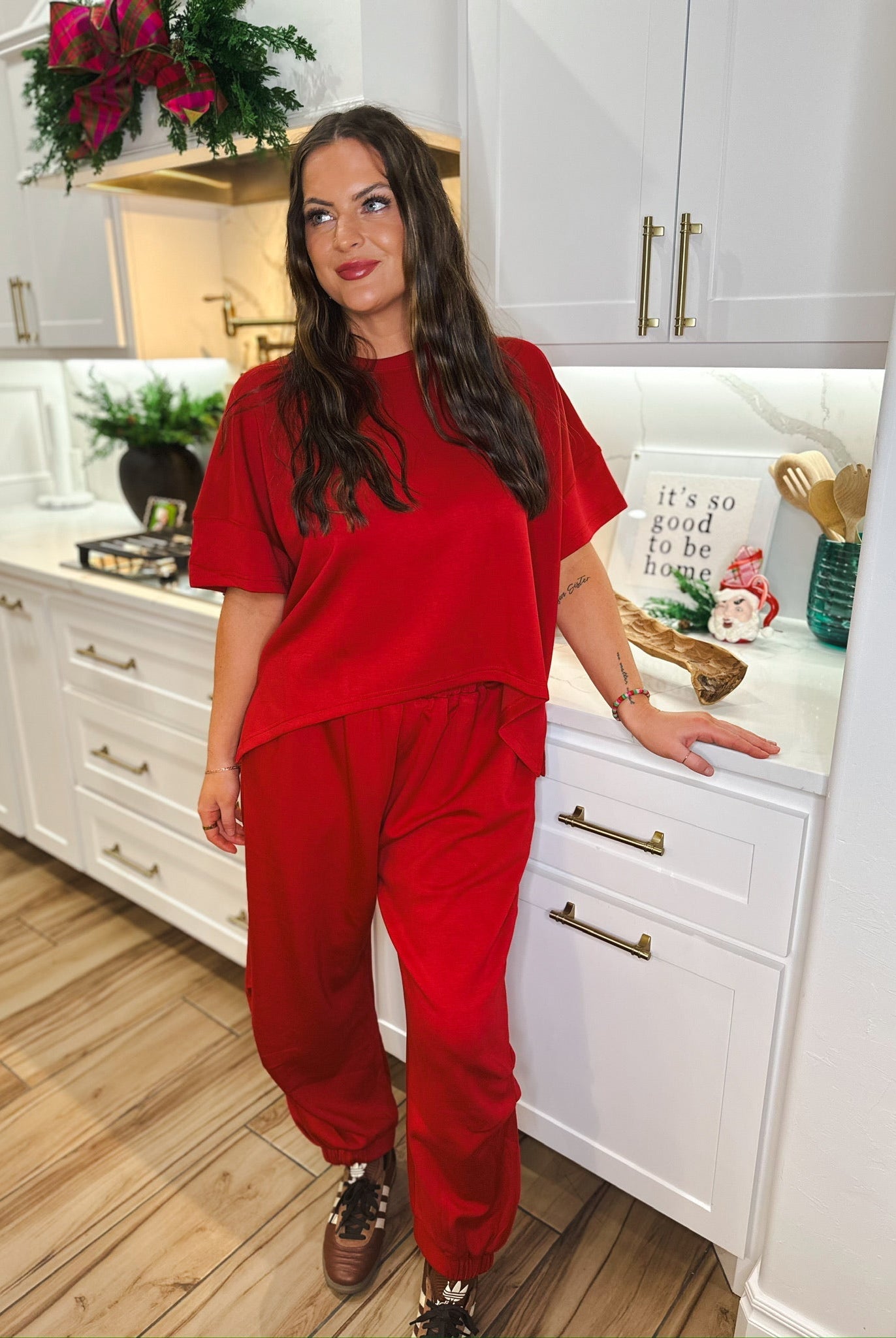 SOLID RED ROUND-NECK TOP & SEMI- HAREM PANTS SET