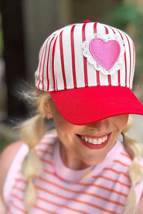 VALENTINE’S BASEBALL CAP W/RED STRIPES AND LACE TRIM- HEART HAT - HAT