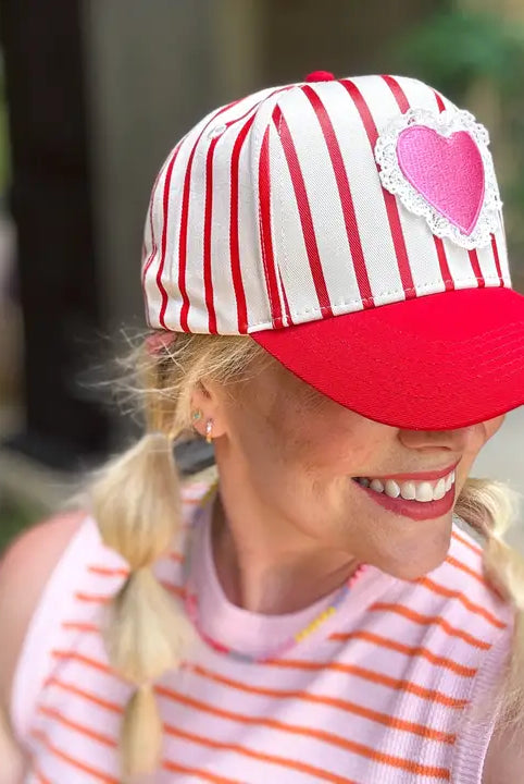 VALENTINE’S BASEBALL CAP W/RED STRIPES AND LACE TRIM- HEART HAT - HAT