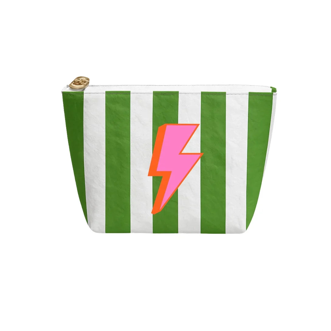 GREEN AND WHITE TYVEK POUCH WITH PINK LIGHTNING BOLT- STOCKING STUFFER
