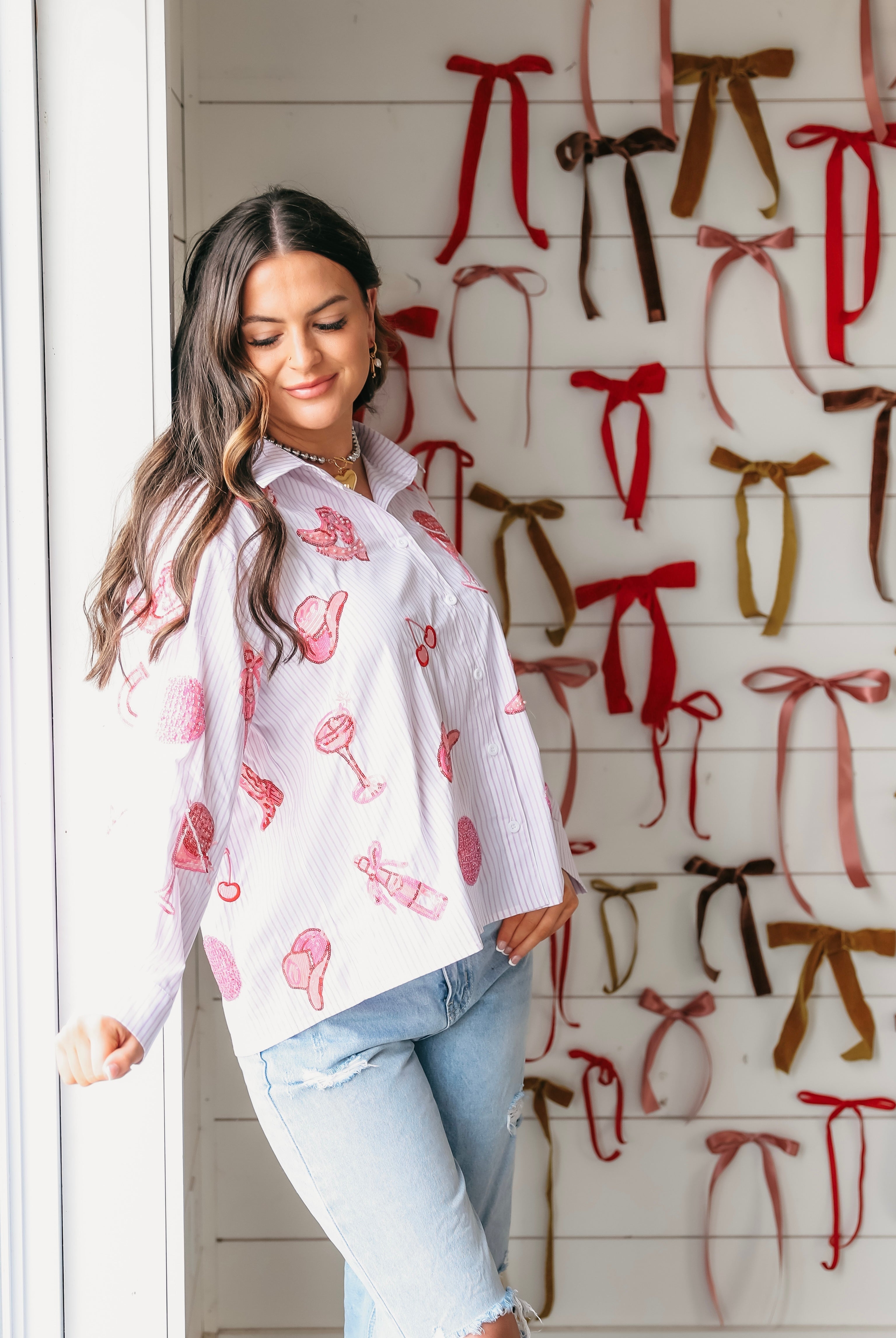 QUEEN OF SPARKLES STRIPED PINK DISCO COWGIRL ICON COLLARED TOP - Tops