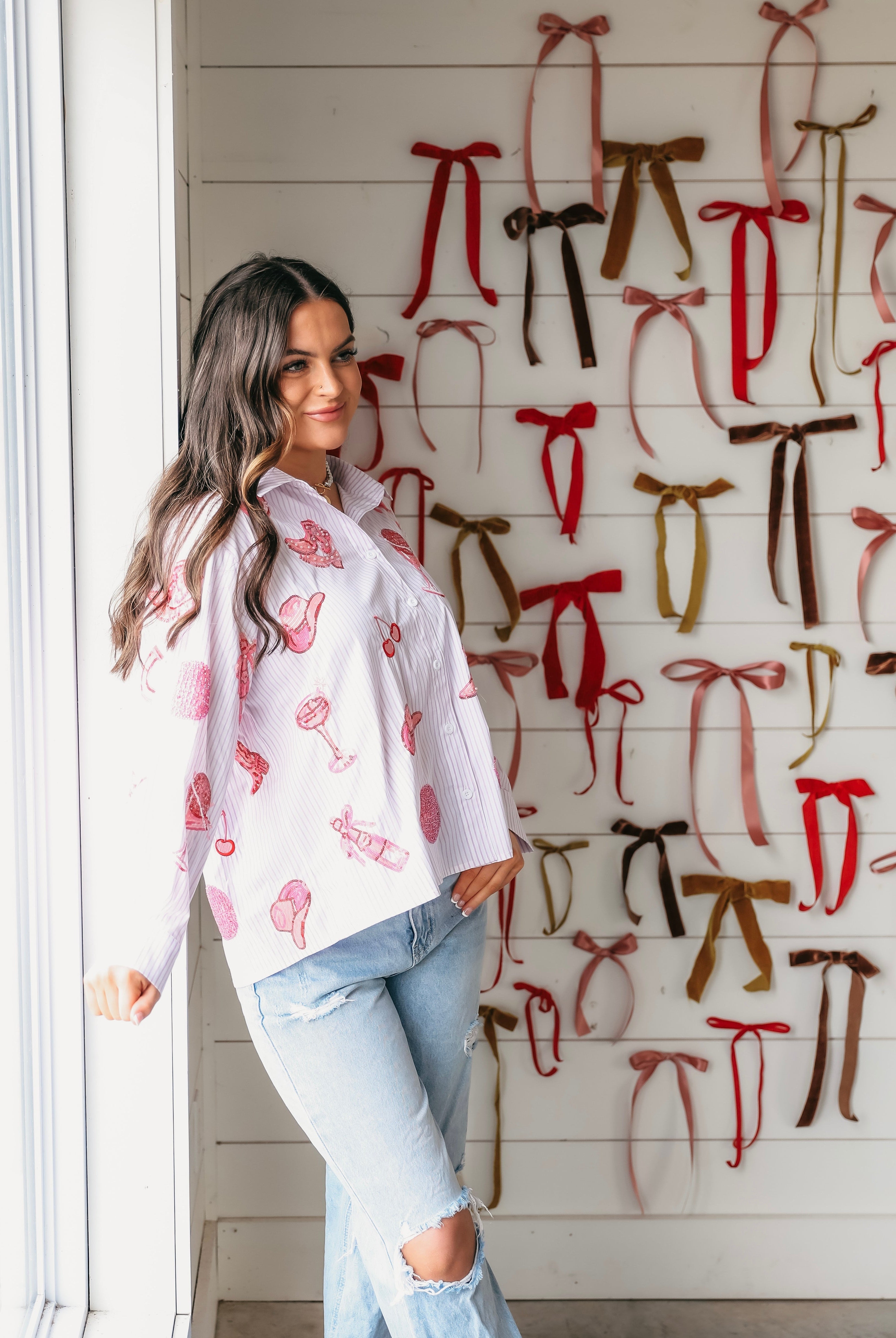 QUEEN OF SPARKLES STRIPED PINK DISCO COWGIRL ICON COLLARED TOP - Tops