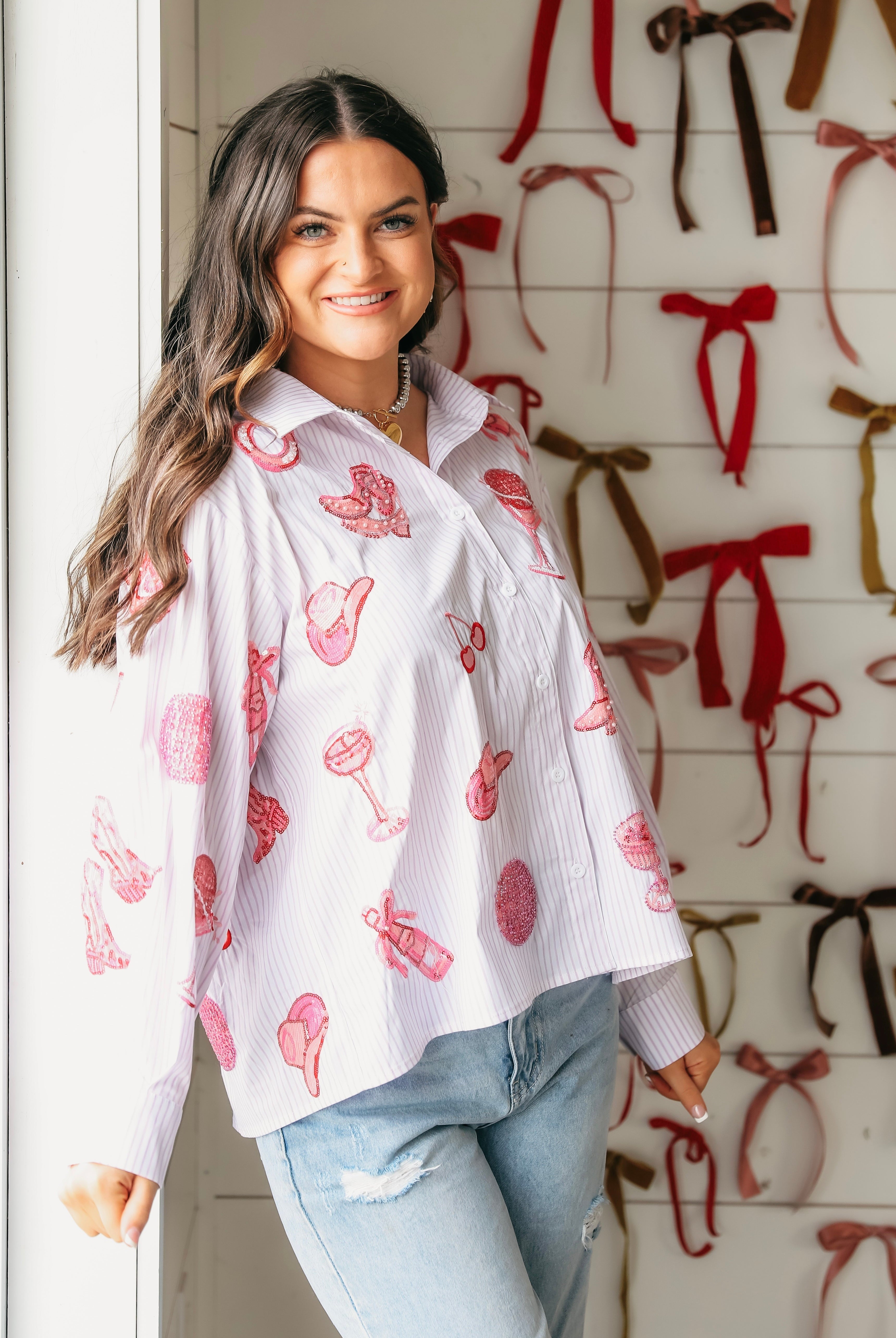 QUEEN OF SPARKLES STRIPED PINK DISCO COWGIRL ICON COLLARED TOP - Tops