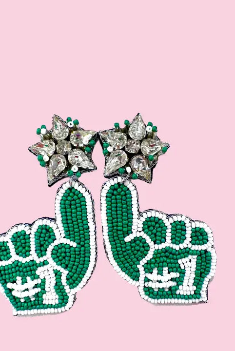 SPARKLING AND BEADED GREEN SPIRIT EARRINGS- GAME DAY STATEMENT