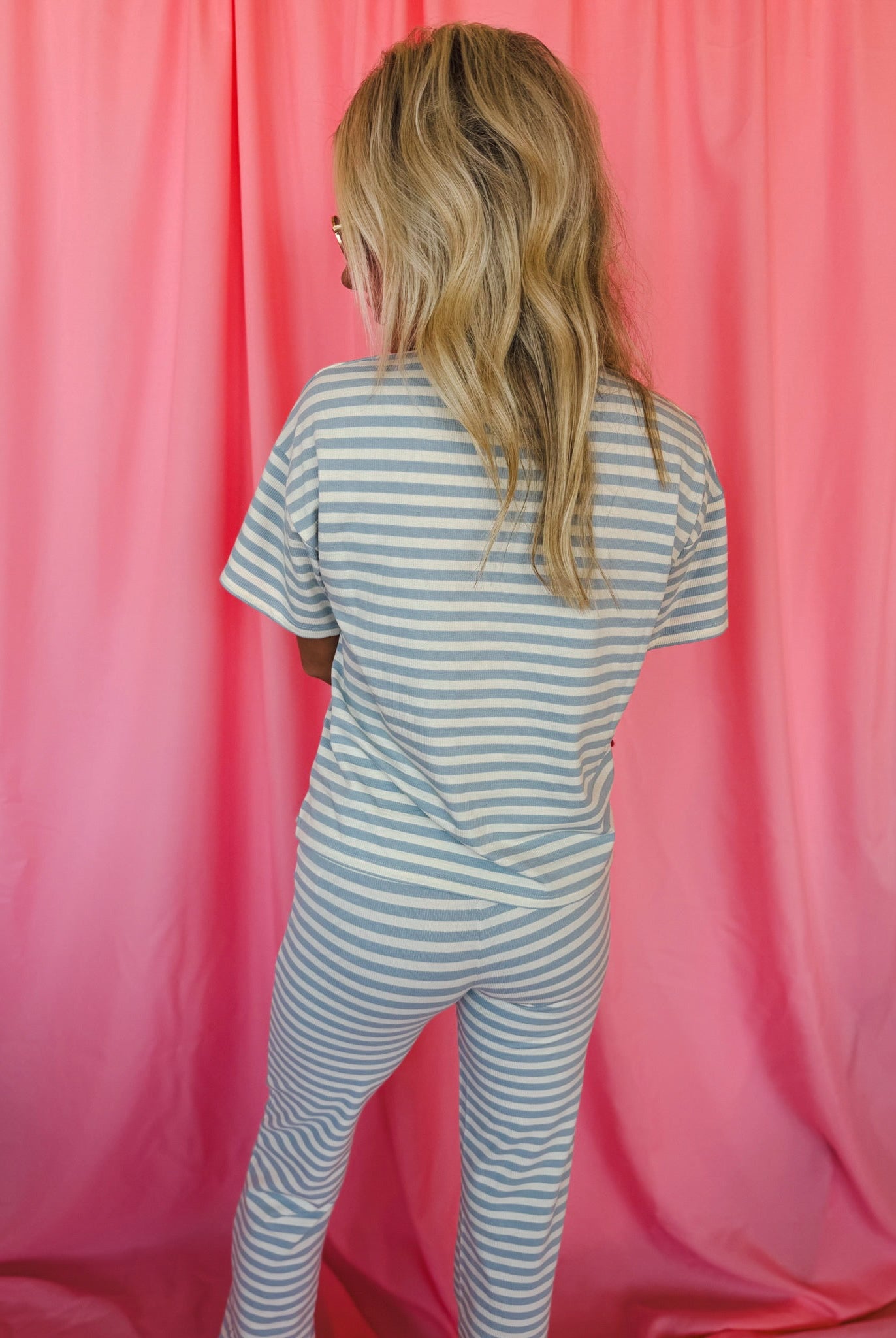 Things Between Light Blue & White Striped Tee and Flared Pant Set - Tops