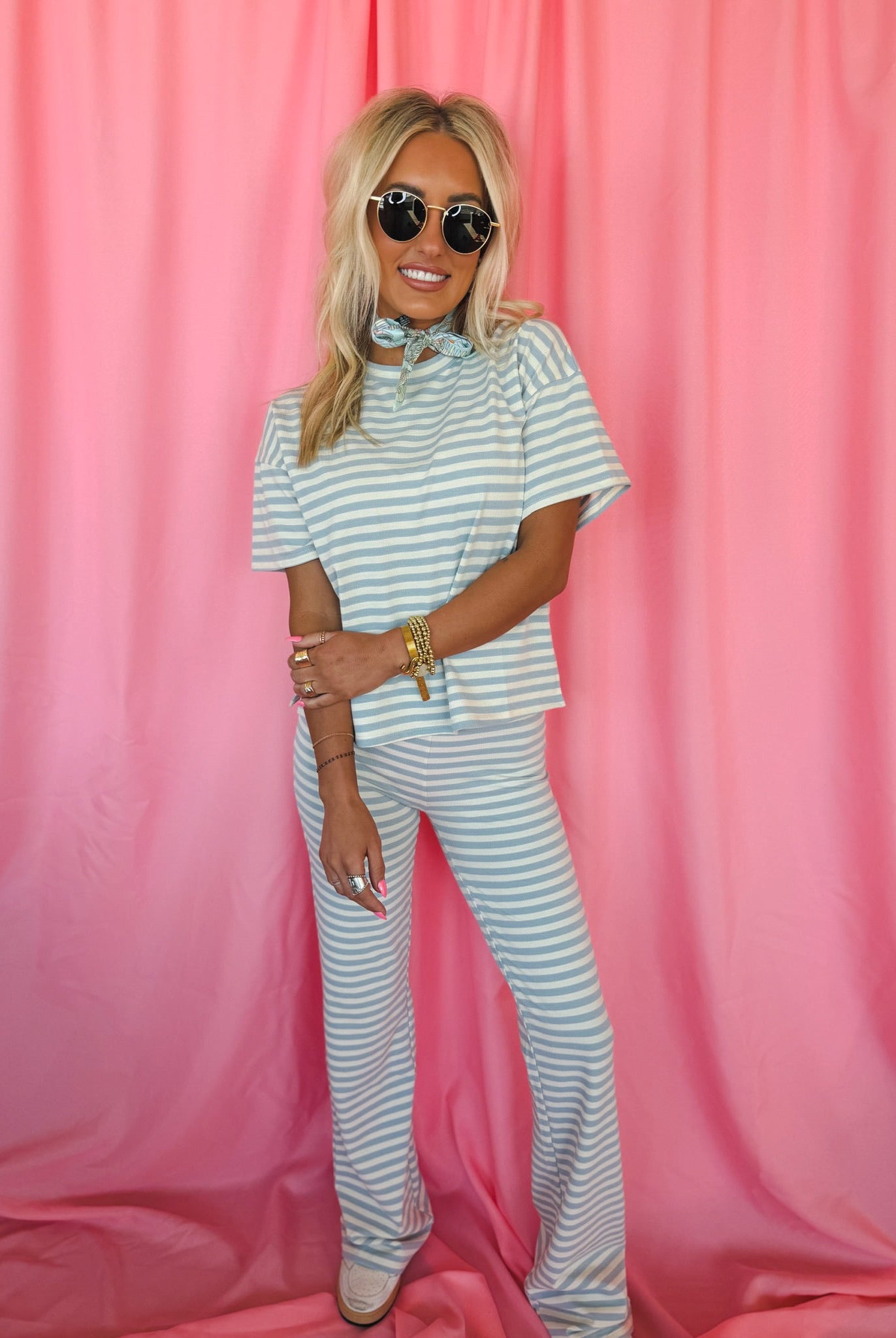 Things Between Light Blue & White Striped Tee and Flared Pant Set - Tops